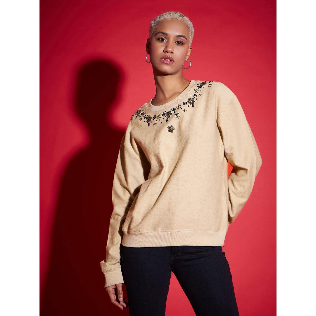 Sassafras X Styli  Regular Fit Beaded Neckline Reverse Terry Sweatshirt-women-winterwear-hoodiesandsweatshirts-sweatshirts-image-1