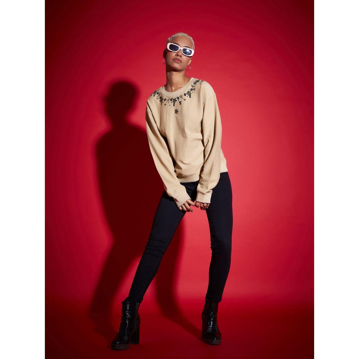 Sassafras X Styli  Regular Fit Beaded Neckline Reverse Terry Sweatshirt-women-winterwear-hoodiesandsweatshirts-sweatshirts-image-2