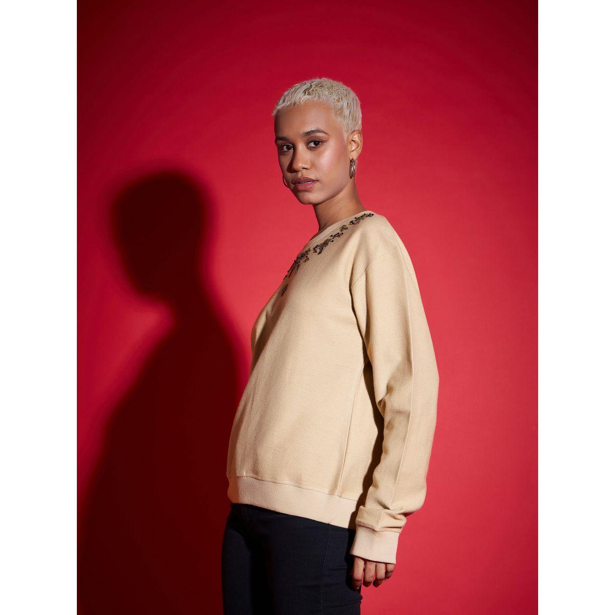Sassafras X Styli  Regular Fit Beaded Neckline Reverse Terry Sweatshirt-women-winterwear-hoodiesandsweatshirts-sweatshirts-image-3