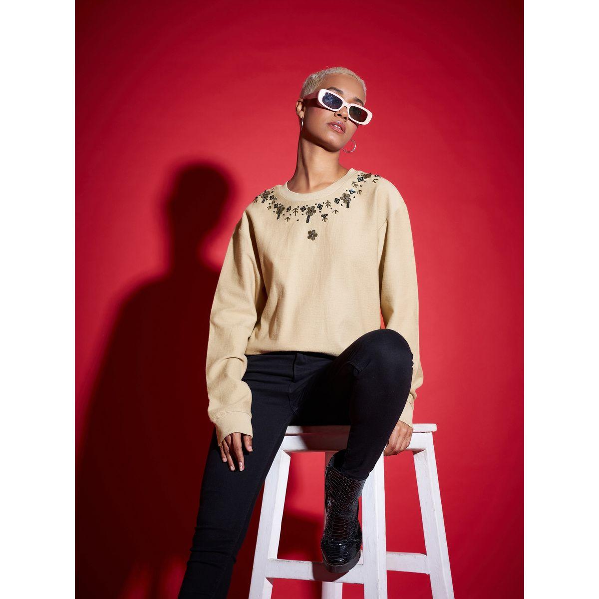 Sassafras X Styli  Regular Fit Beaded Neckline Reverse Terry Sweatshirt-women-winterwear-hoodiesandsweatshirts-sweatshirts-image-6