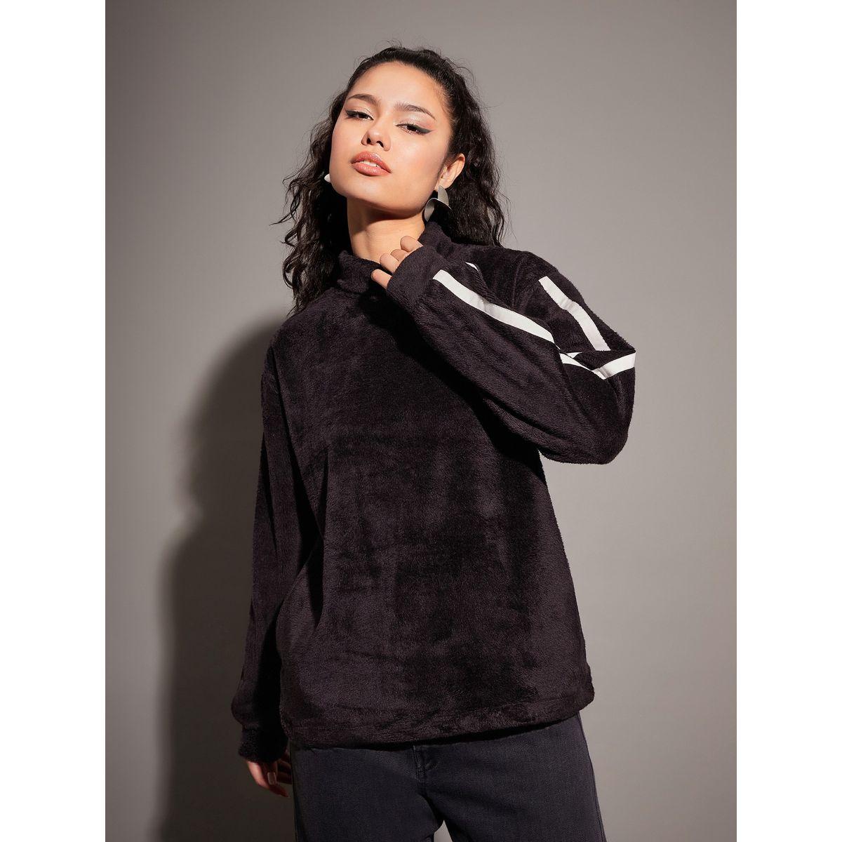 Sassafras X Styli  Fleece Faux Fur Contrast Tape High Neck Sweatshirt-women-clothing-hoodiesandsweatshirts-sweatshirts-image-1