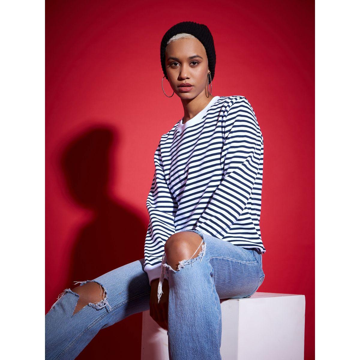 Sassafras X Styli  Regular Fit Striped Fleece Sweatshirt-women-winterwear-hoodiesandsweatshirts-sweatshirts-image-6