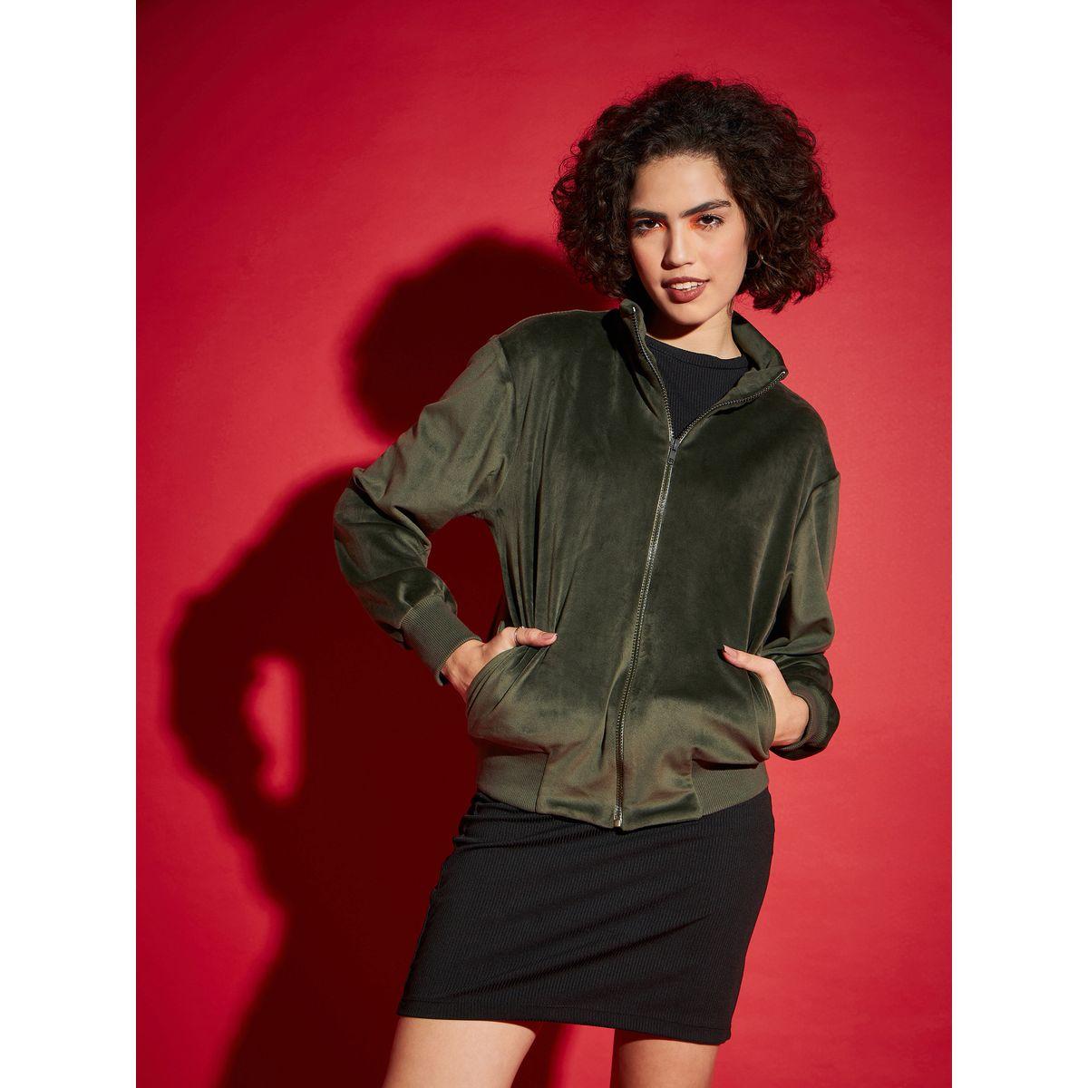 Sassafras X Styli  Velour Zipper Front Jacket with Slip Pocket-women-winterwear-coatsandjackets-jackets-image-1