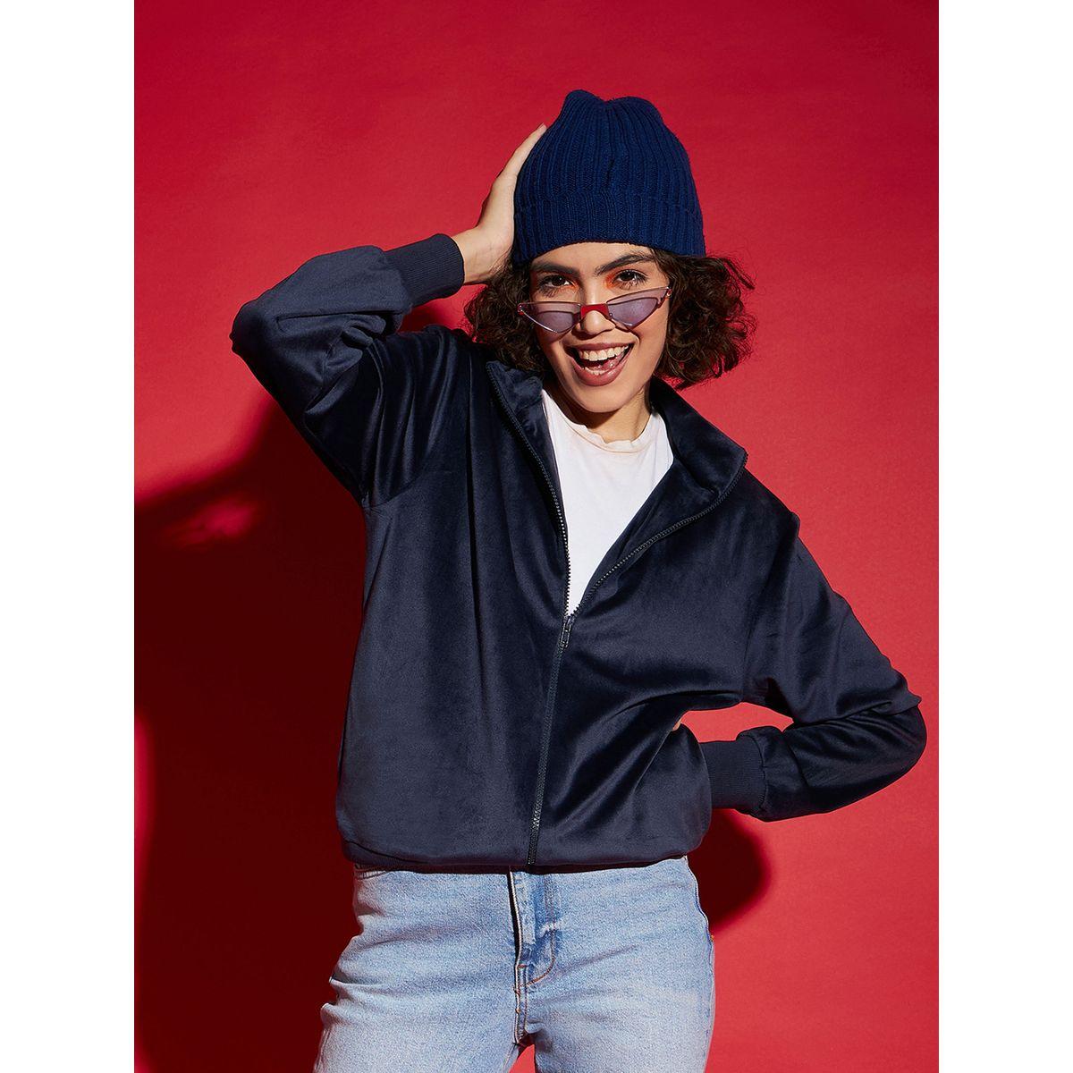 Sassafras X Styli  Velour Zipper Front Jacket with Slip Pocket-women-winterwear-coatsandjackets-jackets-image-1