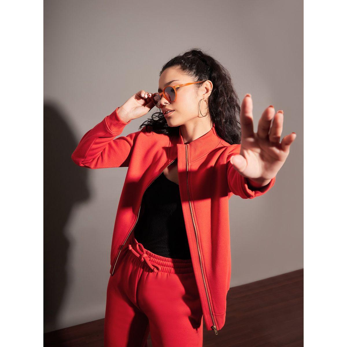 Sassafras X Styli  Red Fleece Zipper Jacket-women-winterwear-coatsandjackets-jackets-image-2