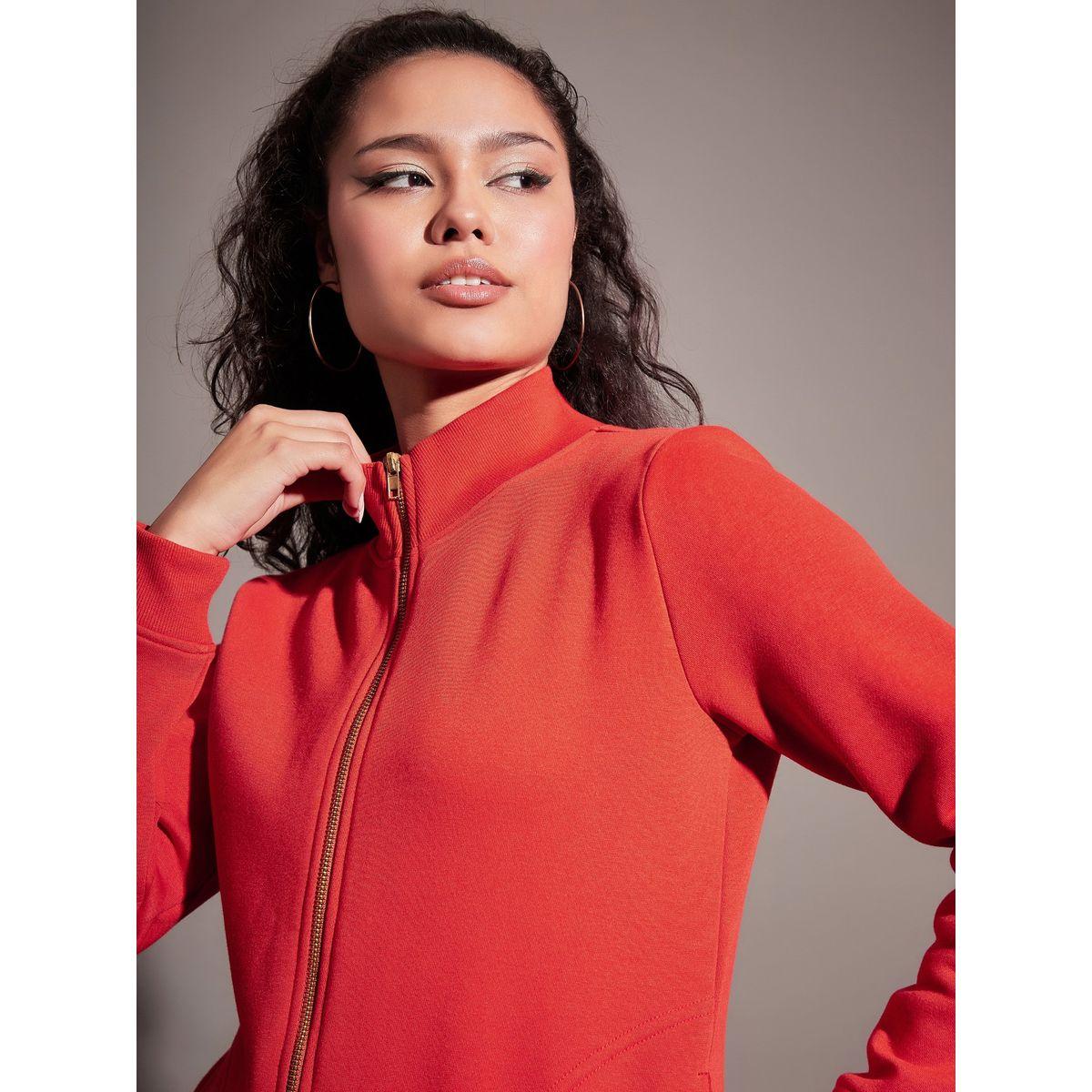 Sassafras X Styli  Red Fleece Zipper Jacket-women-winterwear-coatsandjackets-jackets-image-4