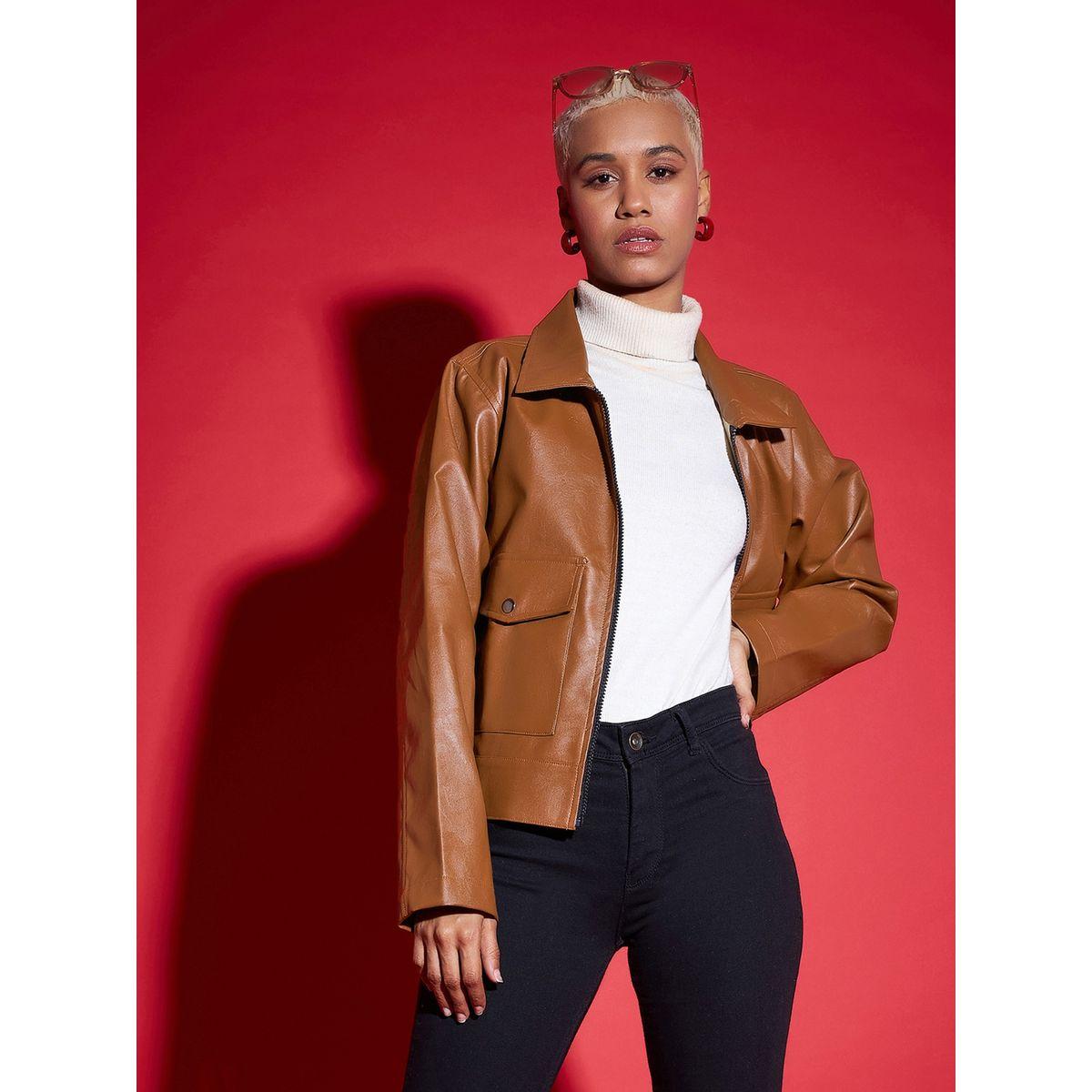 جاكيت بمظهر الجلد بجيوب أمامية وسحَّاب غلق ساسافراس × ستايلي-women-winterwear-coatsandjackets-jackets-image-1