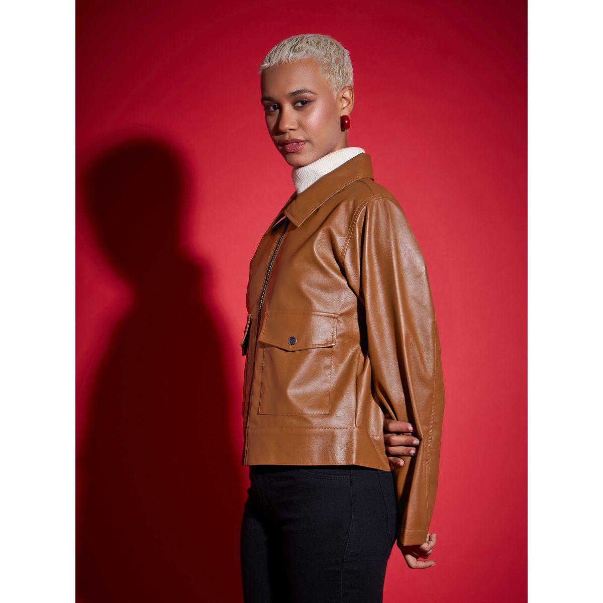 جاكيت بمظهر الجلد بجيوب أمامية وسحَّاب غلق ساسافراس × ستايلي-women-winterwear-coatsandjackets-jackets-image-3