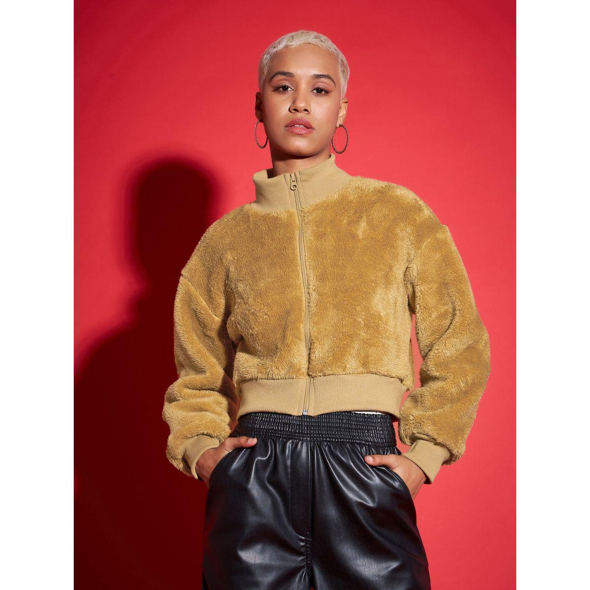 جاكيت بومبر قصير بياقة عالية وفرو صناعي ساسافراس × ستايلي-women-winterwear-coatsandjackets-jackets-image-1