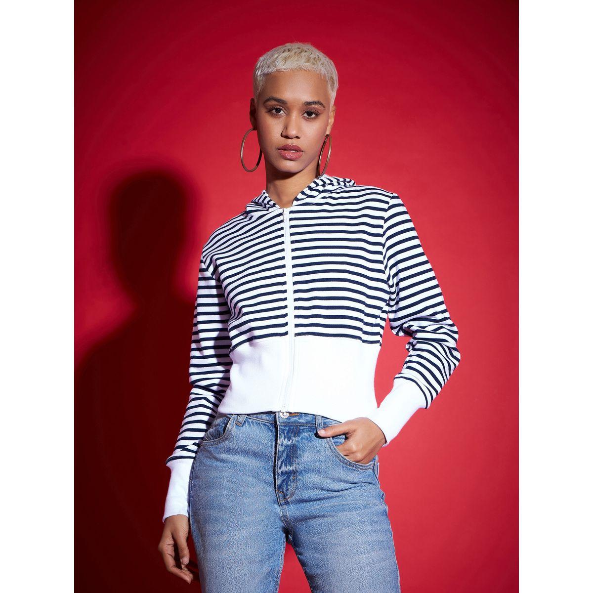Sassafras X Styli  Striped Fleece Hooded Jacket with Contrast Hem-women-winterwear-coatsandjackets-jackets-image-1