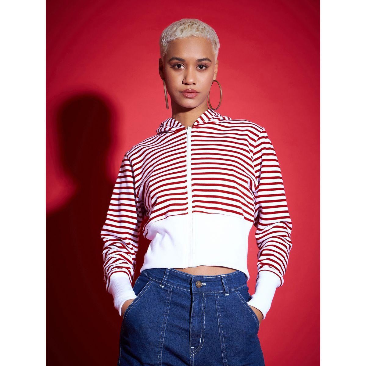 Sassafras X Styli  Striped Fleece Hooded Jacket with Contrast Hem-women-winterwear-coatsandjackets-jackets-image-1