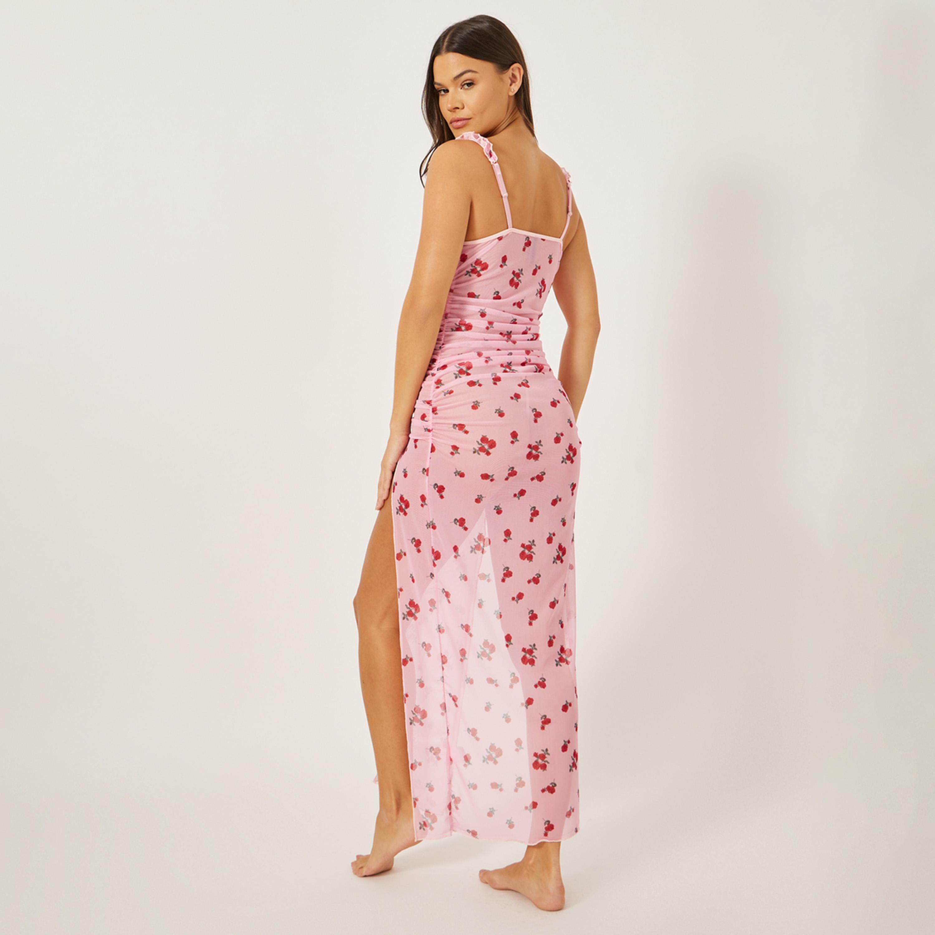 ستايلي - بيبي دول ماكسي شبكي مطبوع عليه أزهار مع فتحات جانبية عميقة-women-clothing-lingerie-babydollsandbodysuits-image-5