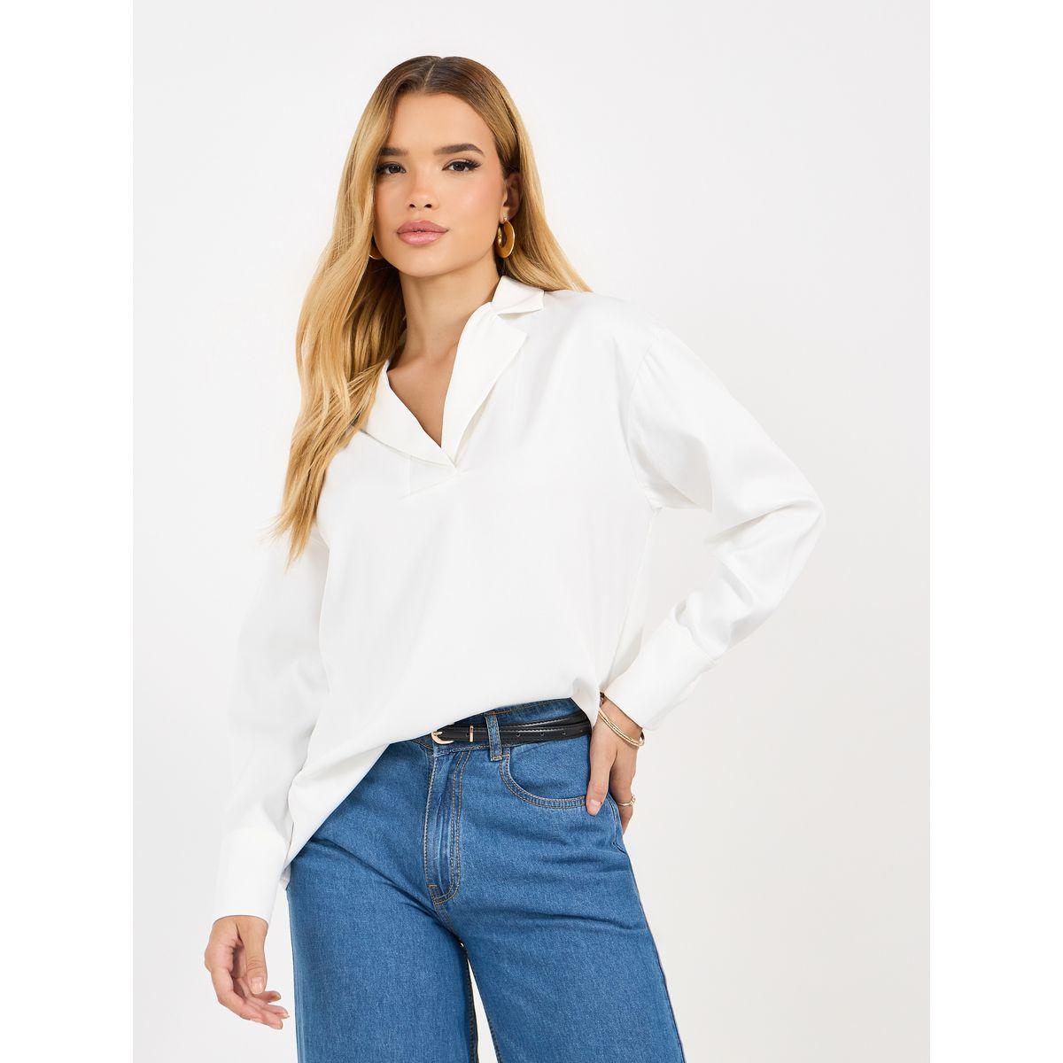 بلوزة بياقة مطوية وأكمام طويلة-women-clothing-shirtsandblouses-blouses-image-1