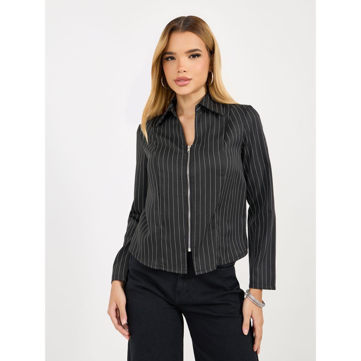 Styli Striped Front Zip Through Collared Shirt-women-clothing-shirtsandblouses-shirts-image-1