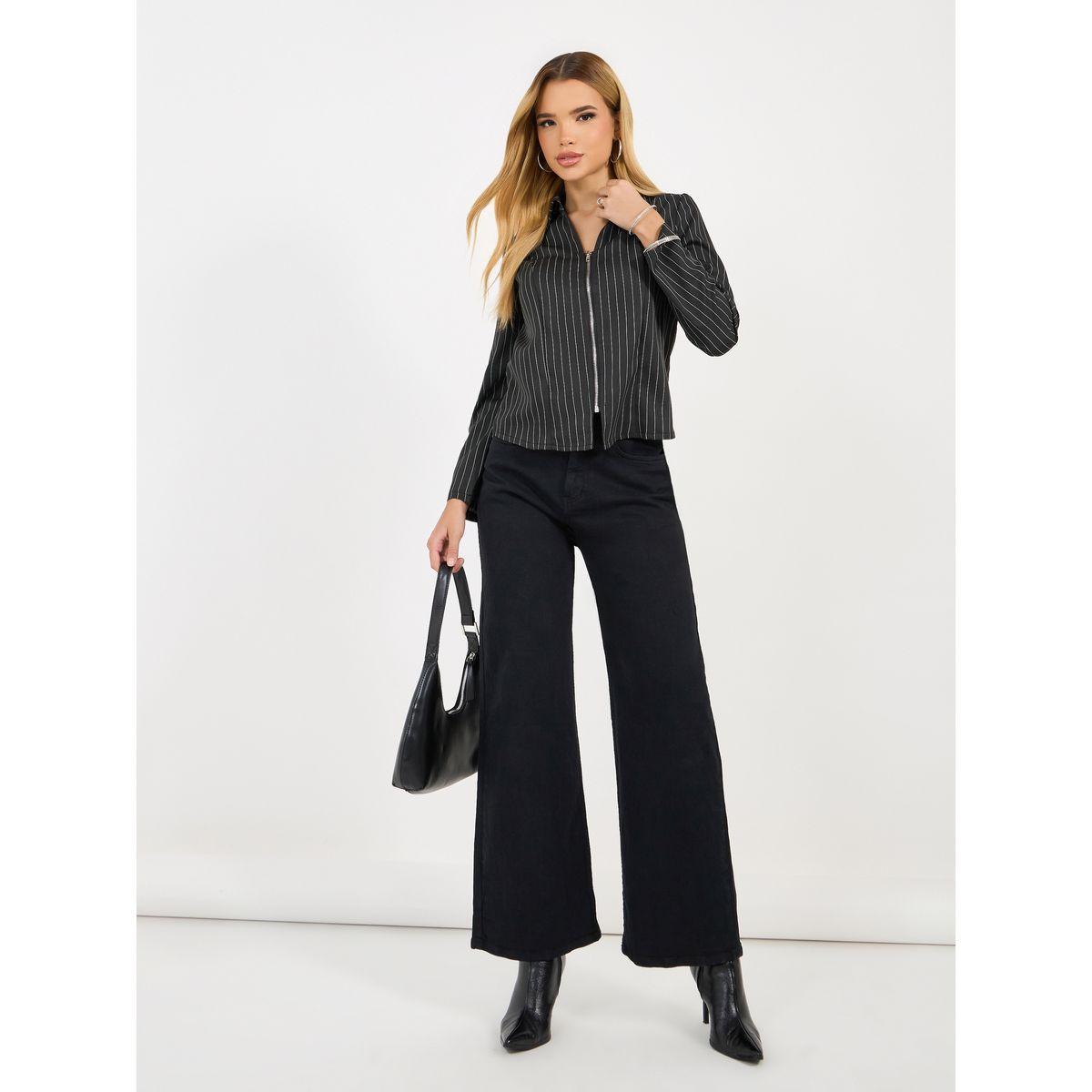 Styli Striped Front Zip Through Collared Shirt-women-clothing-shirtsandblouses-shirts-image-2