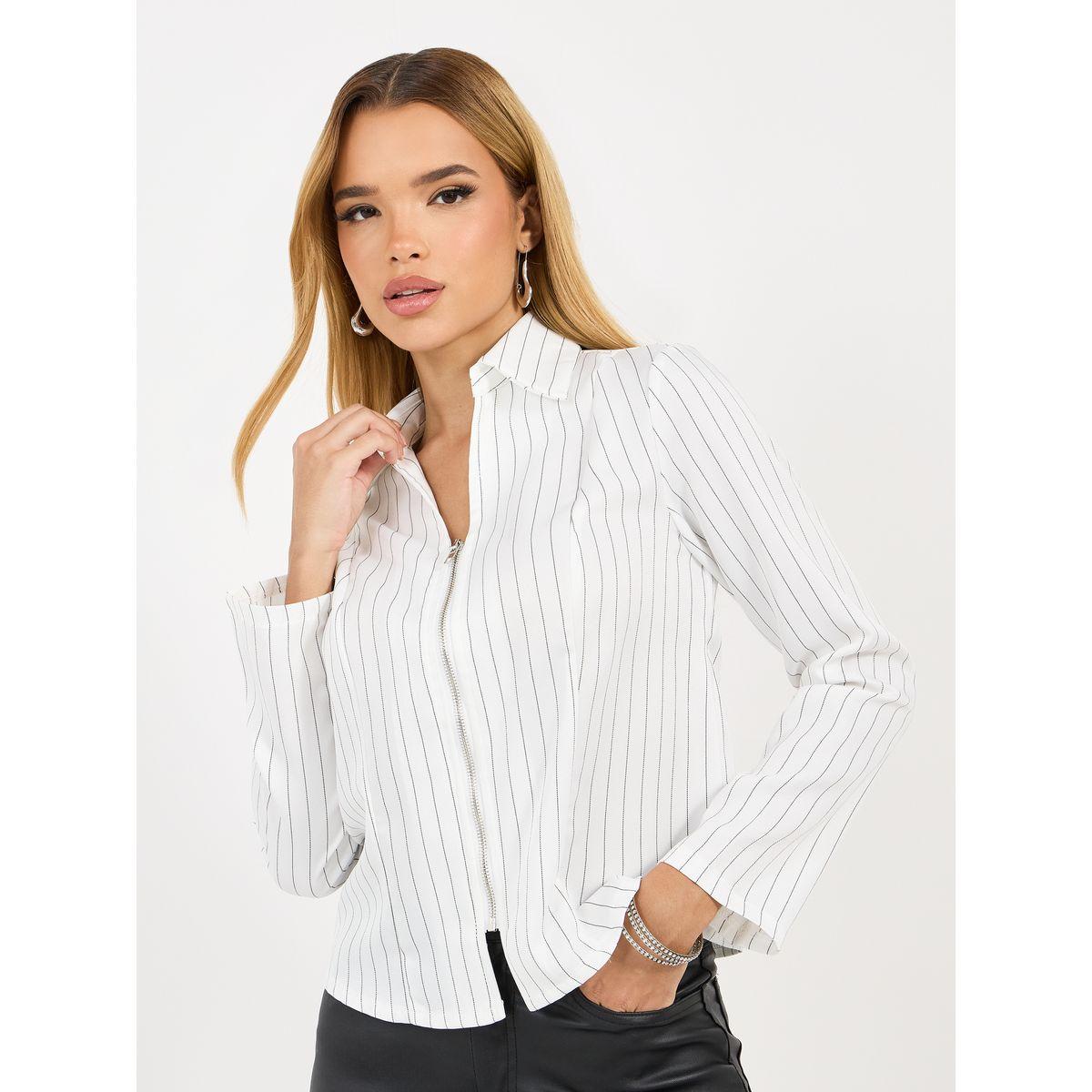 بلوزة مخططة بياقة وسحَّاب غلق-women-clothing-shirtsandblouses-shirts-image-1