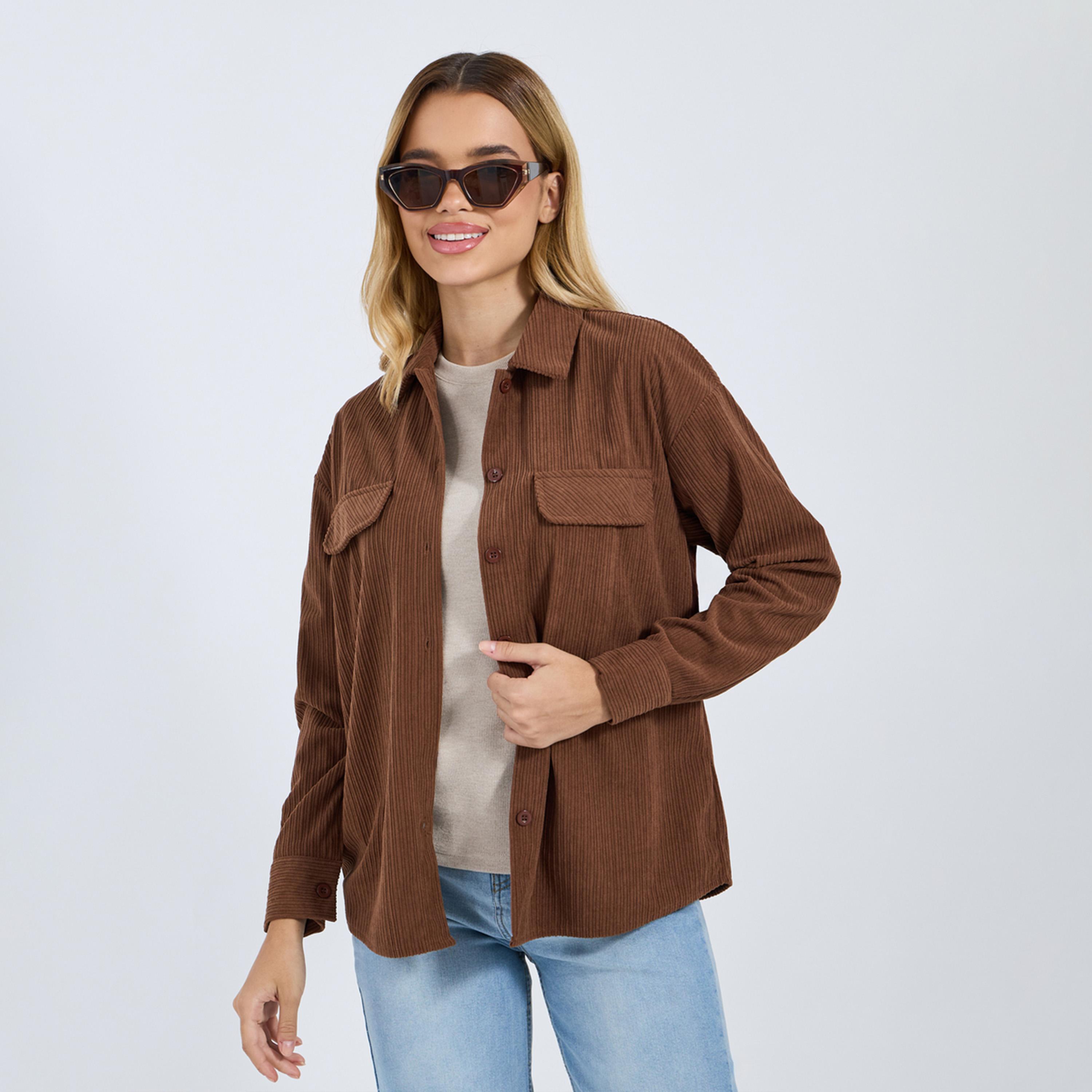ستايلي - قميص بني كوردروي كبير الحجم بأكمام طويلة-women-clothing-shirtsandblouses-shirts-image-1