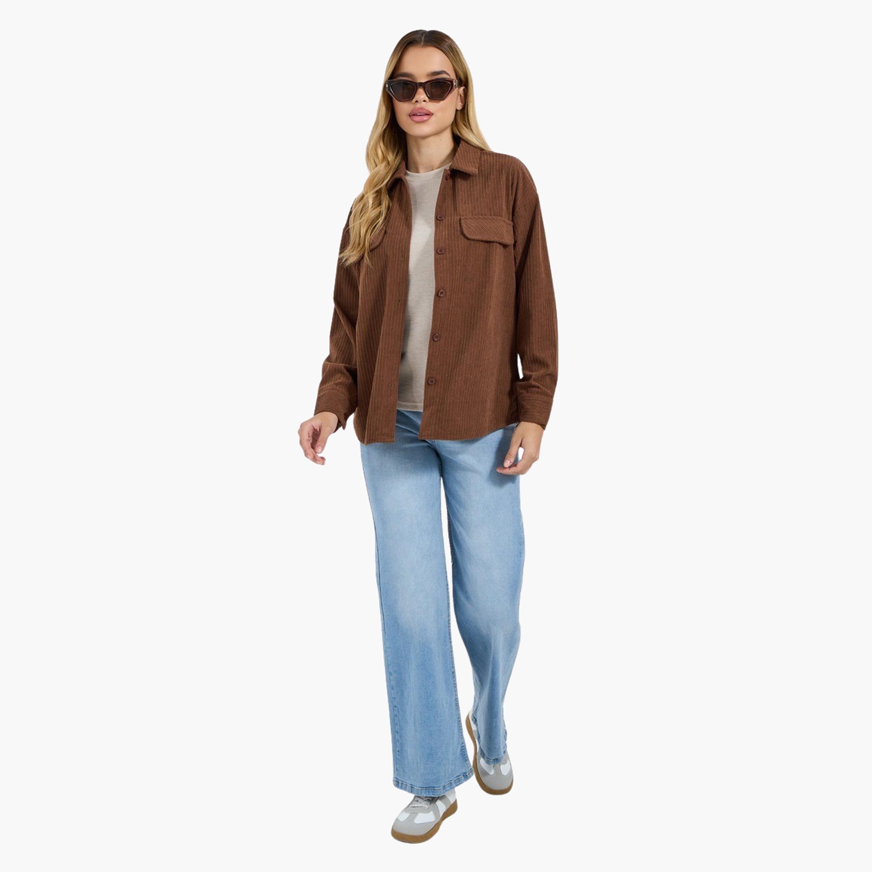 ستايلي - قميص بني كوردروي كبير الحجم بأكمام طويلة-women-clothing-shirtsandblouses-shirts-image-2