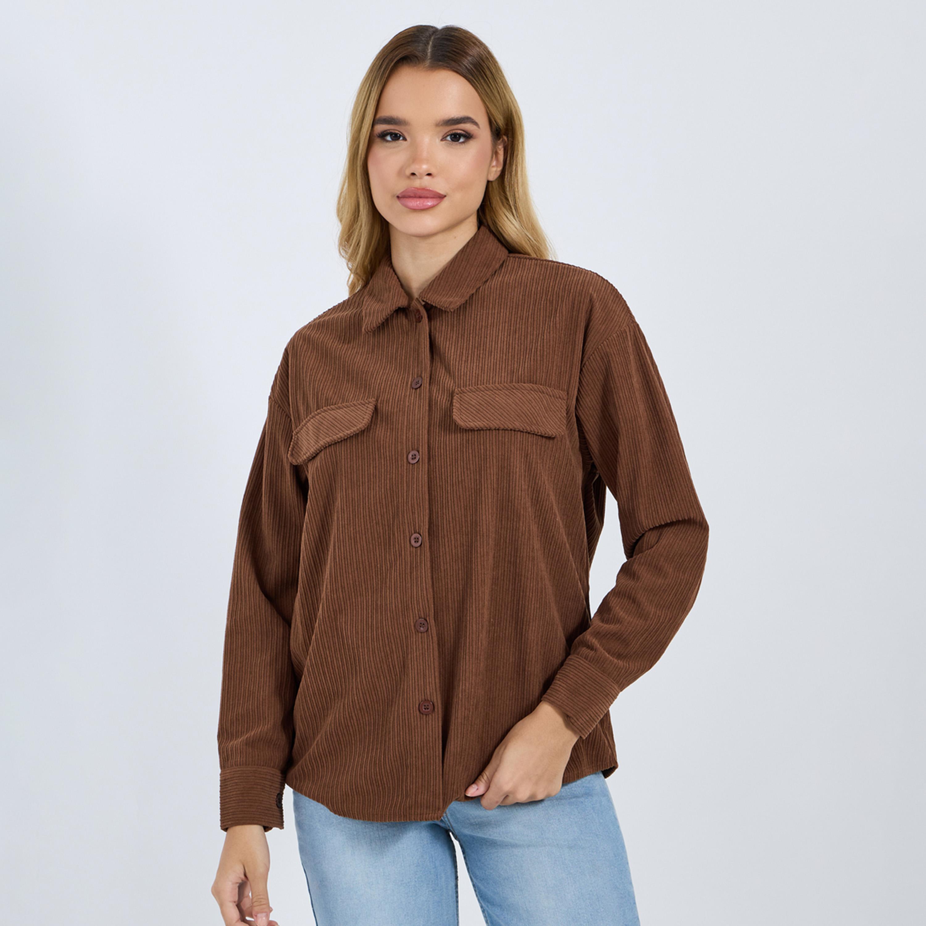 ستايلي - قميص بني كوردروي كبير الحجم بأكمام طويلة-women-clothing-shirtsandblouses-shirts-image-3