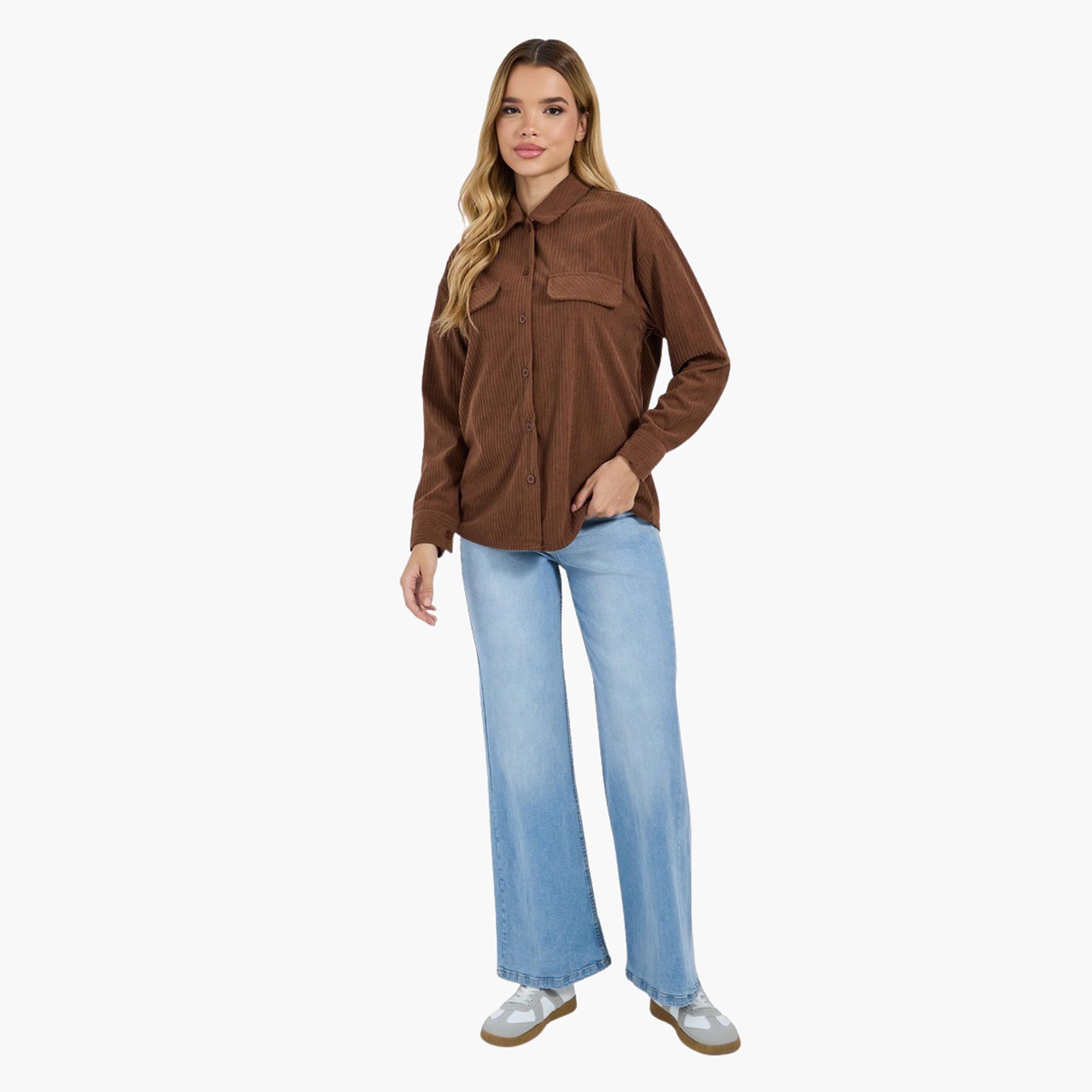 ستايلي - قميص بني كوردروي كبير الحجم بأكمام طويلة-women-clothing-shirtsandblouses-shirts-image-4
