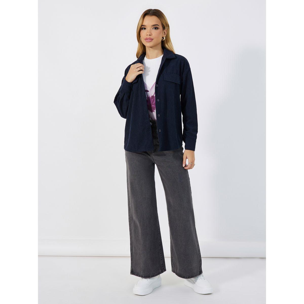 Styli Textured Chest Pocket Oversized Corduroy Shirt-women-clothing-shirtsandblouses-shirts-image-2