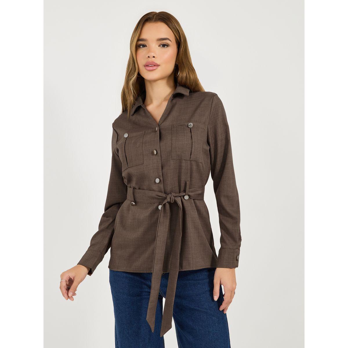 بلوزة بياقة وأزرار مع حزام خصر-women-clothing-shirtsandblouses-shirts-image-1