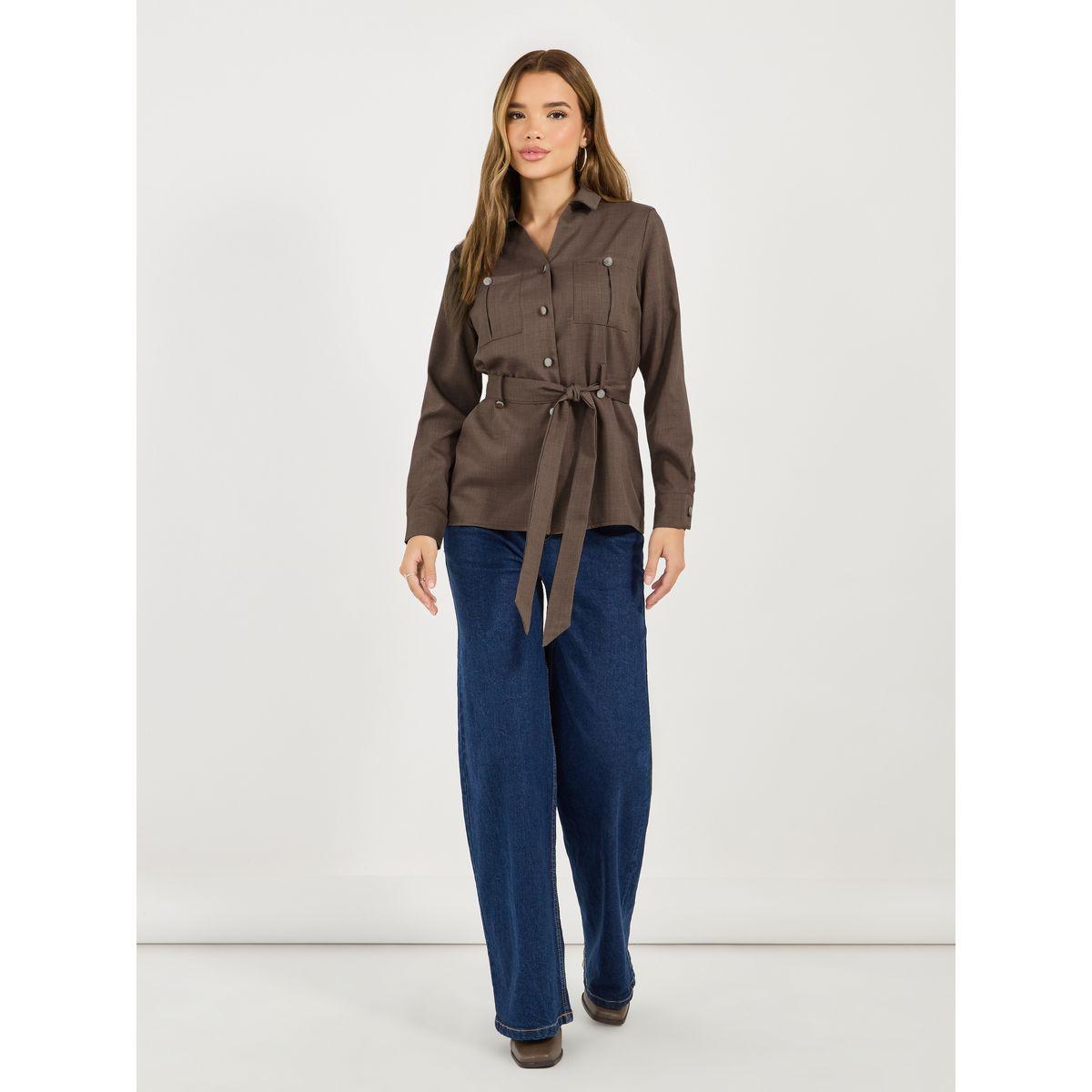 بلوزة بياقة وأزرار مع حزام خصر-women-clothing-shirtsandblouses-shirts-image-2