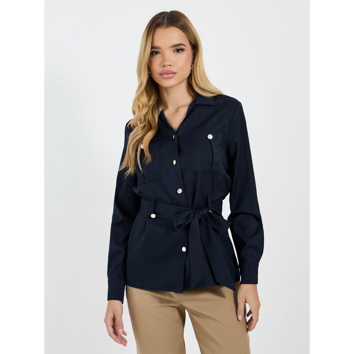 Styli Buttoned Collared Shirt with Tie Belt-women-clothing-shirtsandblouses-shirts-image-1