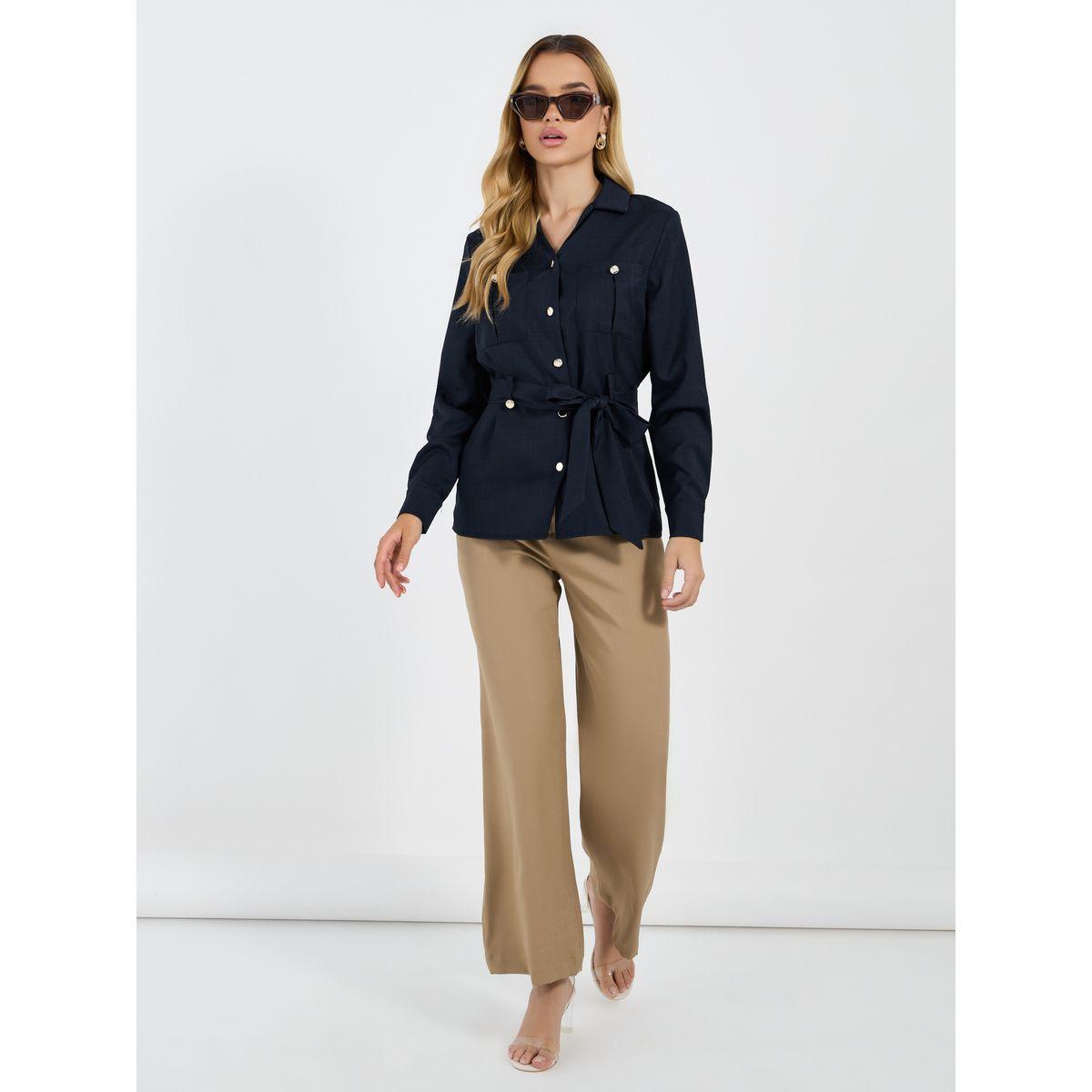 Styli Buttoned Collared Shirt with Tie Belt-women-clothing-shirtsandblouses-shirts-image-2