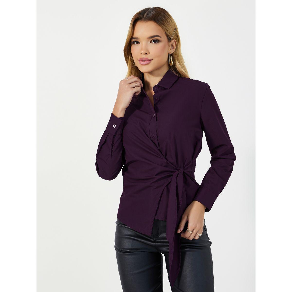 Styli Solid Asymmetric Hem Shirt with Wrap Detail-women-clothing-shirtsandblouses-shirts-image-1