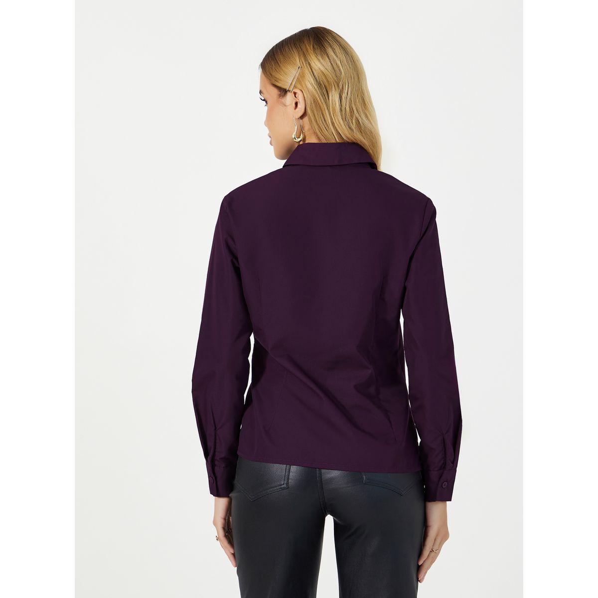 بلوزة سادة بحافة غير متماثلة الطول ونمط لف-women-clothing-shirtsandblouses-shirts-image-4