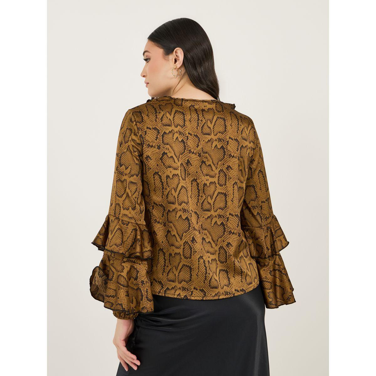 بلوزة بطبعة حيوان وأكمام واسعة مع ياقة بأربطة وكشكش-women-clothing-shirtsandblouses-blouses-image-4
