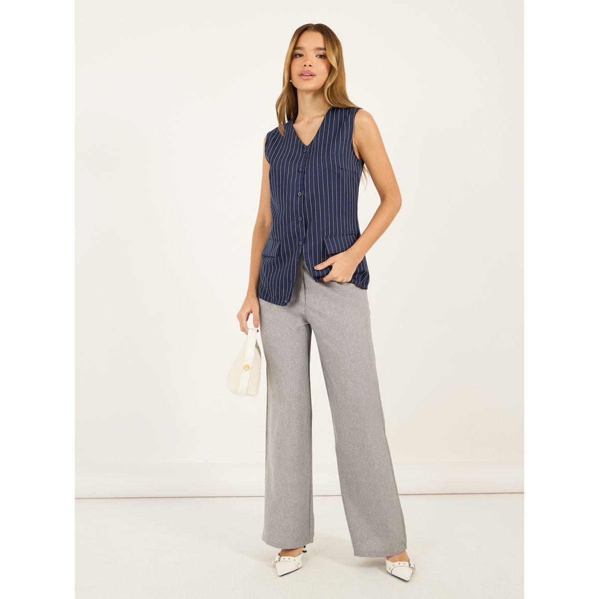 Styli Striped Longline Button Through V Neck Waistcoat-women-clothing-shirtsandblouses-blouses-image-2