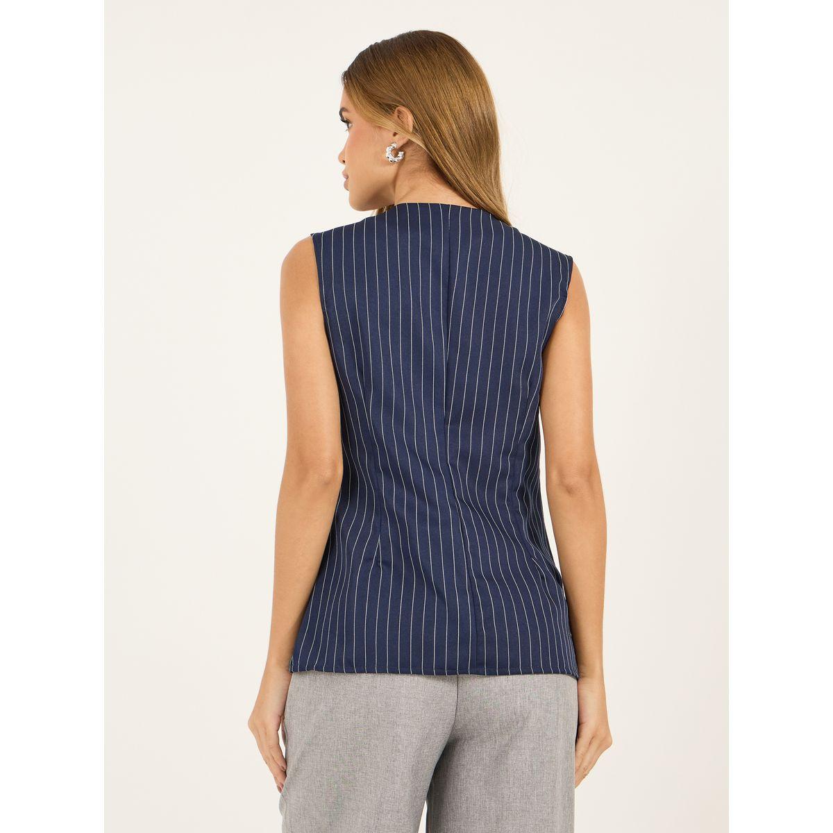 Styli Striped Longline Button Through V Neck Waistcoat-women-clothing-shirtsandblouses-blouses-image-4