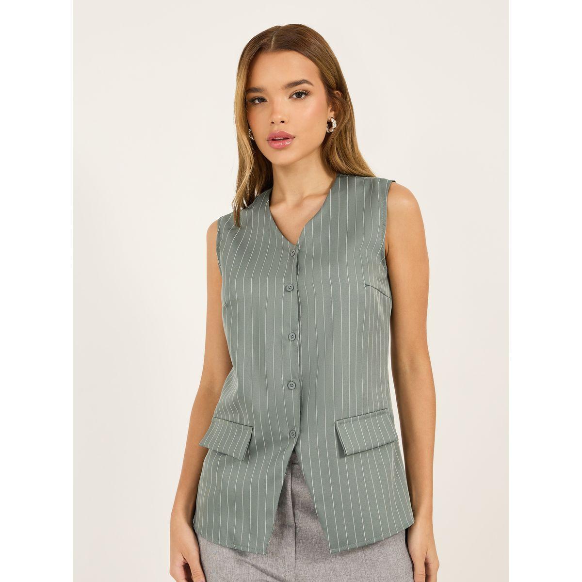 Styli Striped Longline Button Through V Neck Waistcoat-women-clothing-shirtsandblouses-blouses-image-1