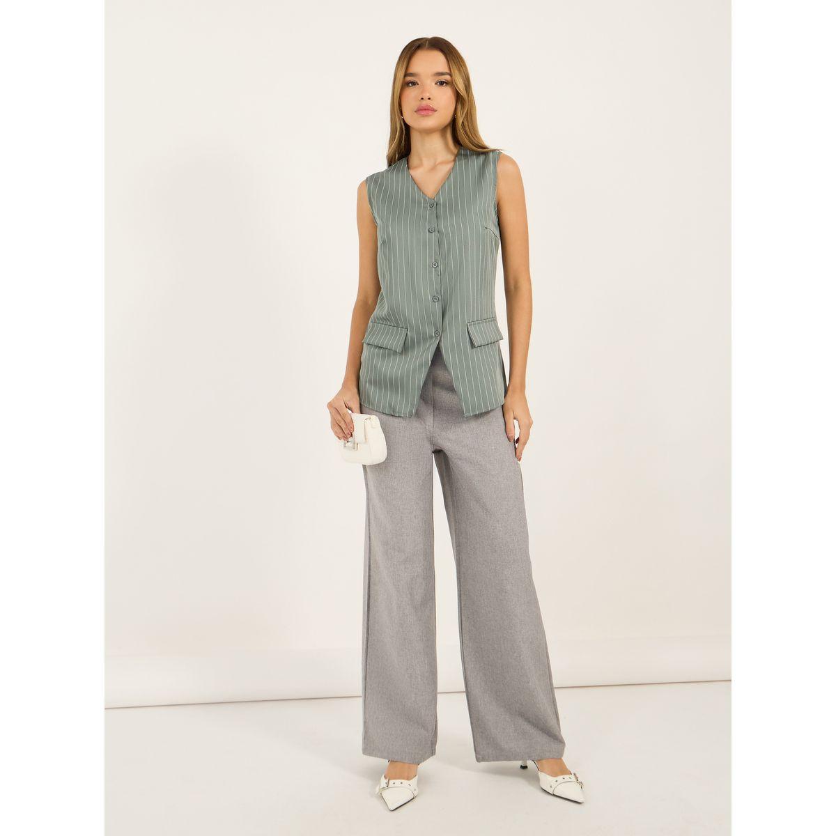 Styli Striped Longline Button Through V Neck Waistcoat-women-clothing-shirtsandblouses-blouses-image-2
