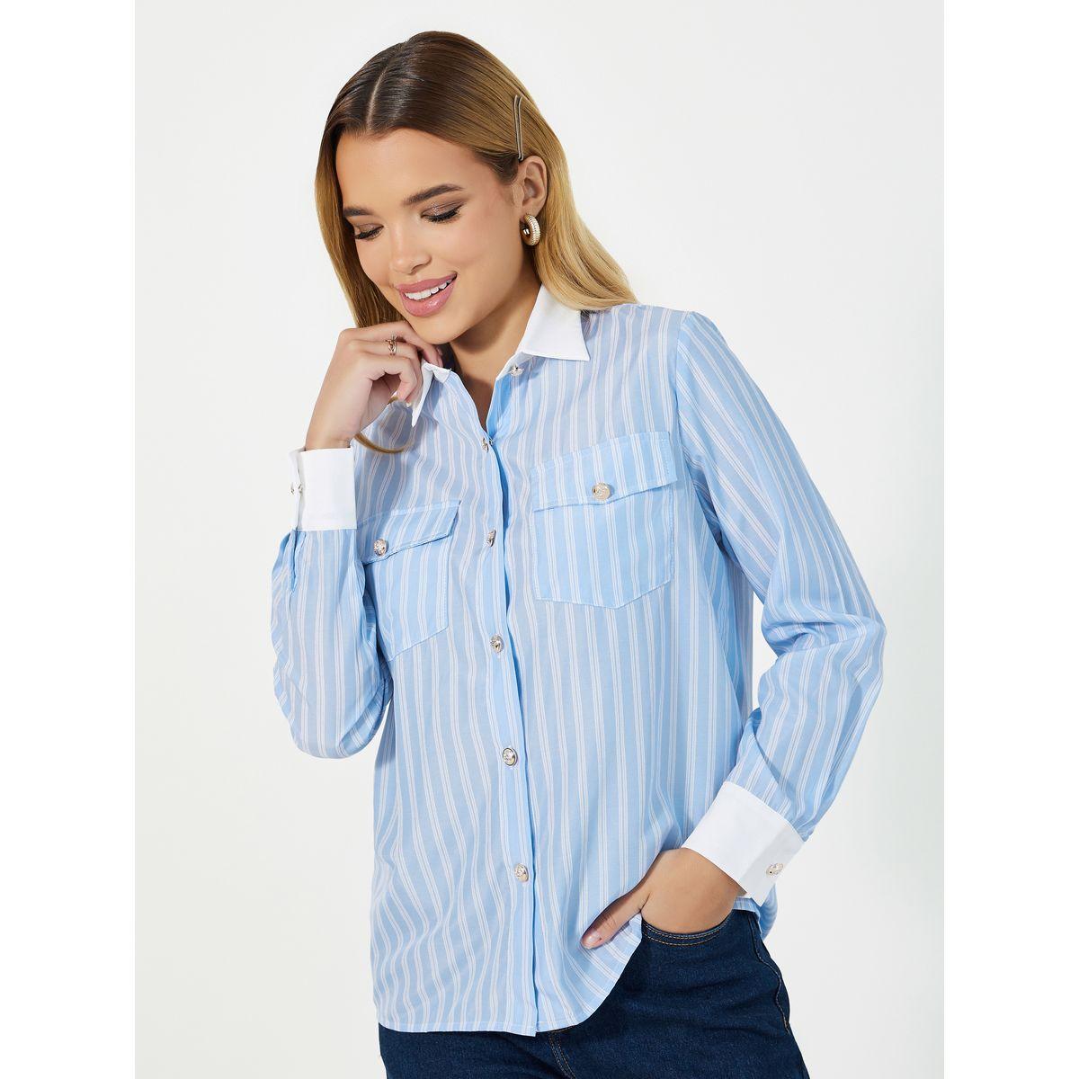 بلوزة مخططة بجيب على الصدر وتفاصيل مُتباينة-women-clothing-shirtsandblouses-shirts-image-1