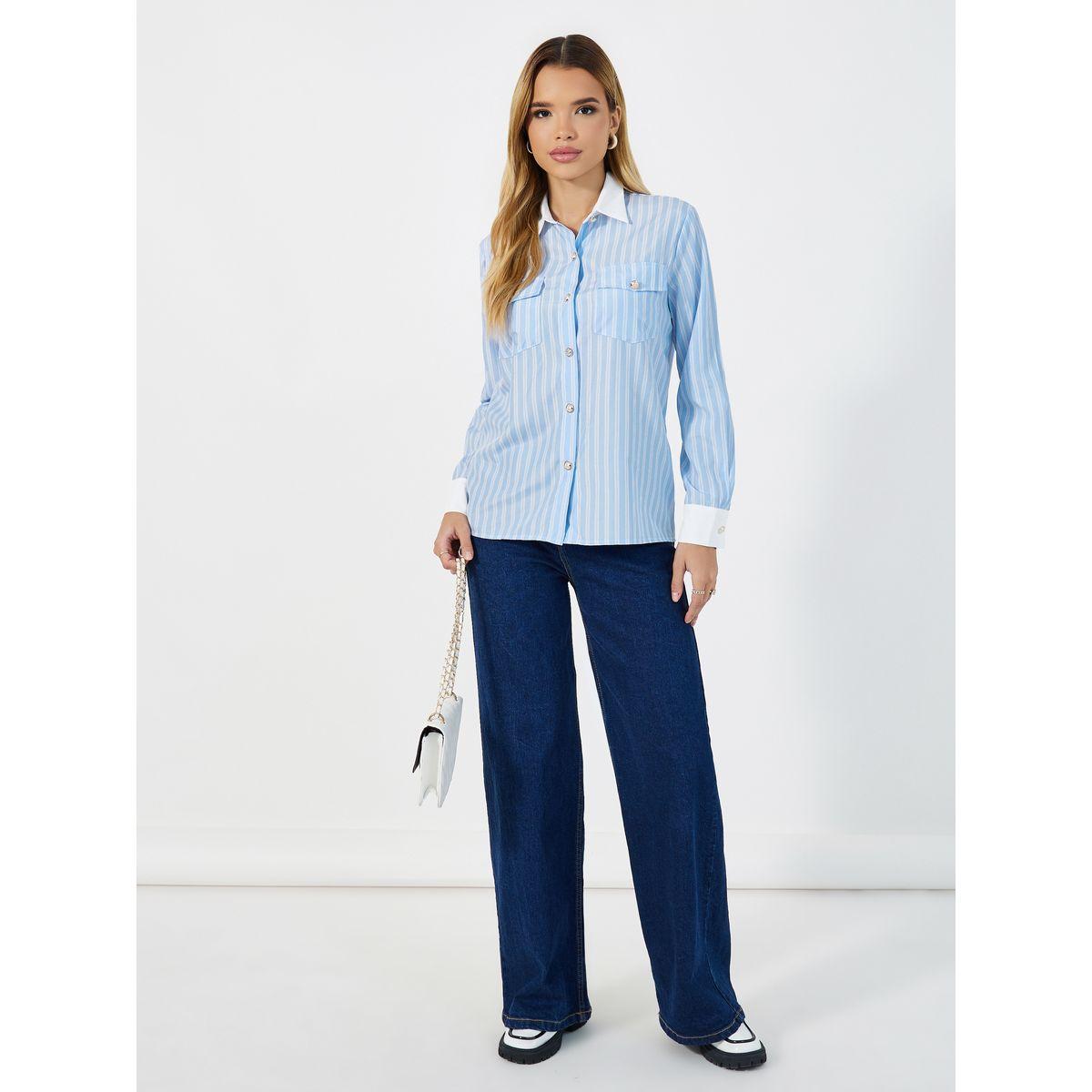 بلوزة مخططة بجيب على الصدر وتفاصيل مُتباينة-women-clothing-shirtsandblouses-shirts-image-2