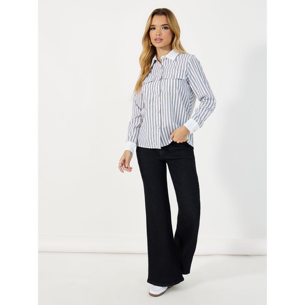 Styli Striped Front Chest Pocket Shirt with Contrast Collar and Cuff Detail-women-clothing-shirtsandblouses-shirts-image-2