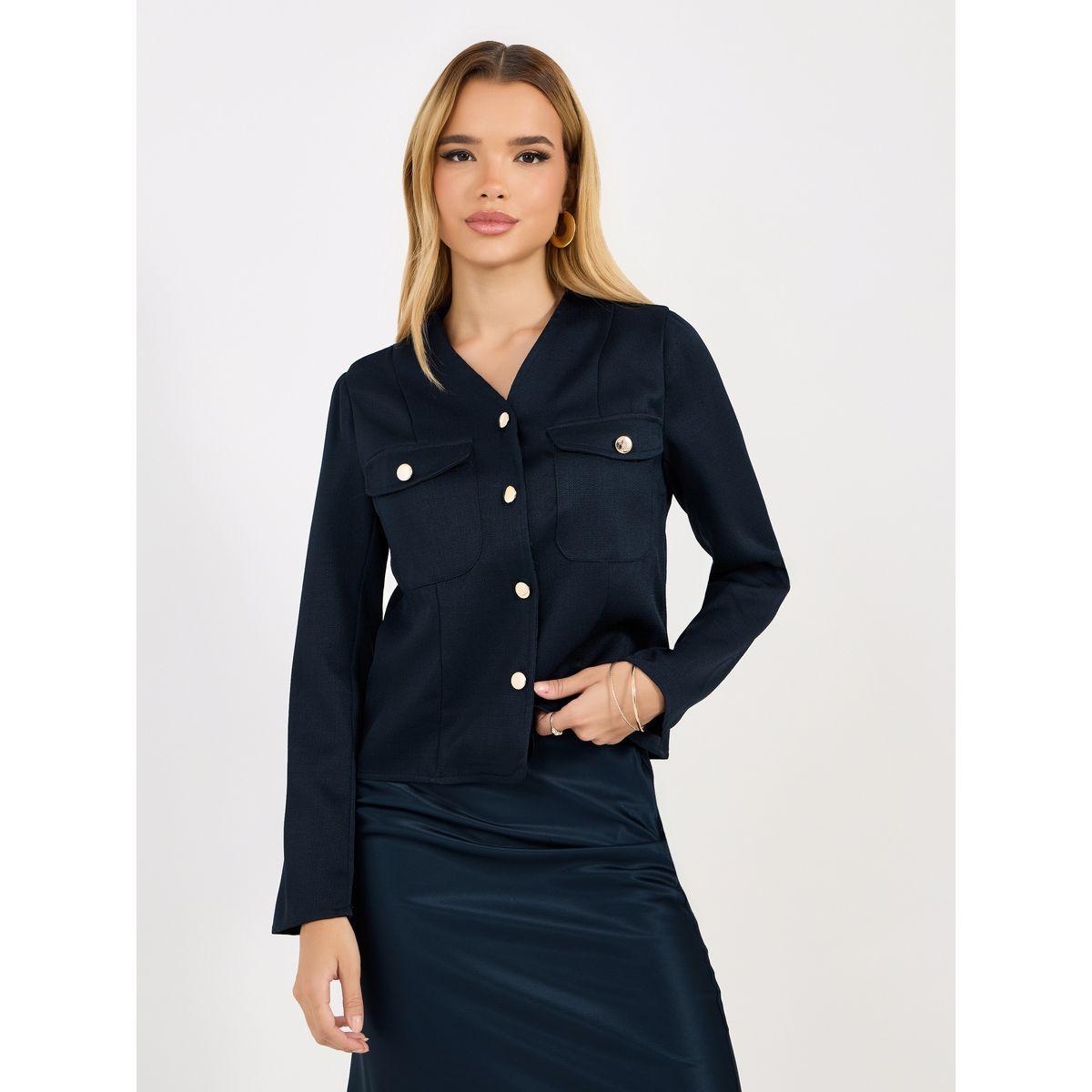Styli Tweed V Neck Blouse with Chest Pocket Details-women-clothing-shirtsandblouses-blouses-image-1