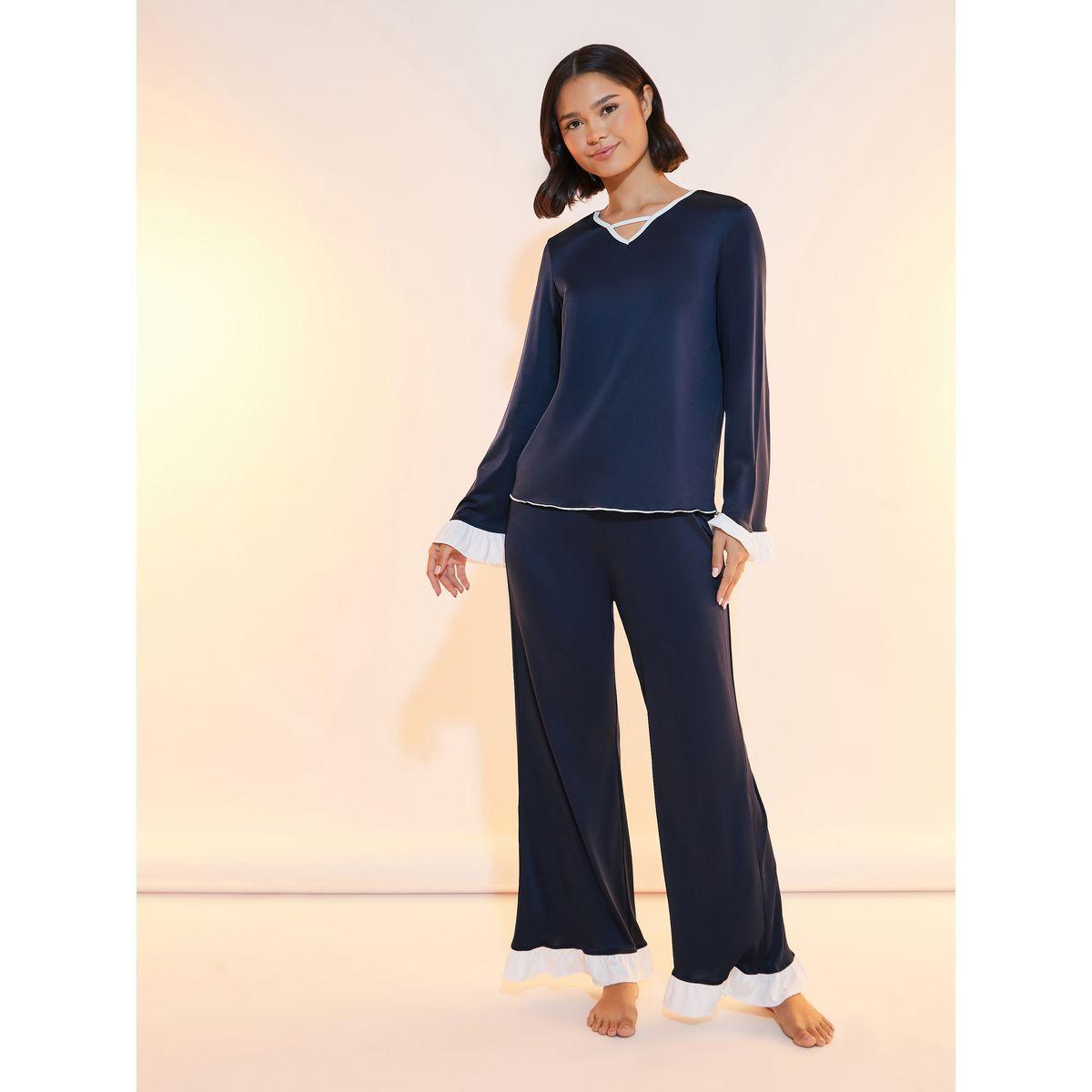 Take Two Contrast Edge V Neck Top and Pyjama Set-women-clothing-nightwear-pyjamas-longsets-image-1