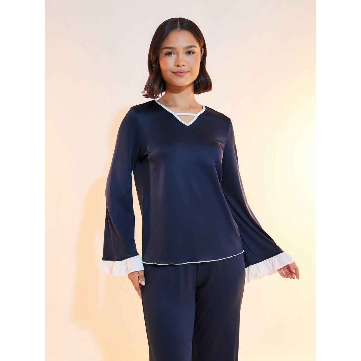 Take Two Contrast Edge V Neck Top and Pyjama Set-women-clothing-nightwear-pyjamas-longsets-image-2