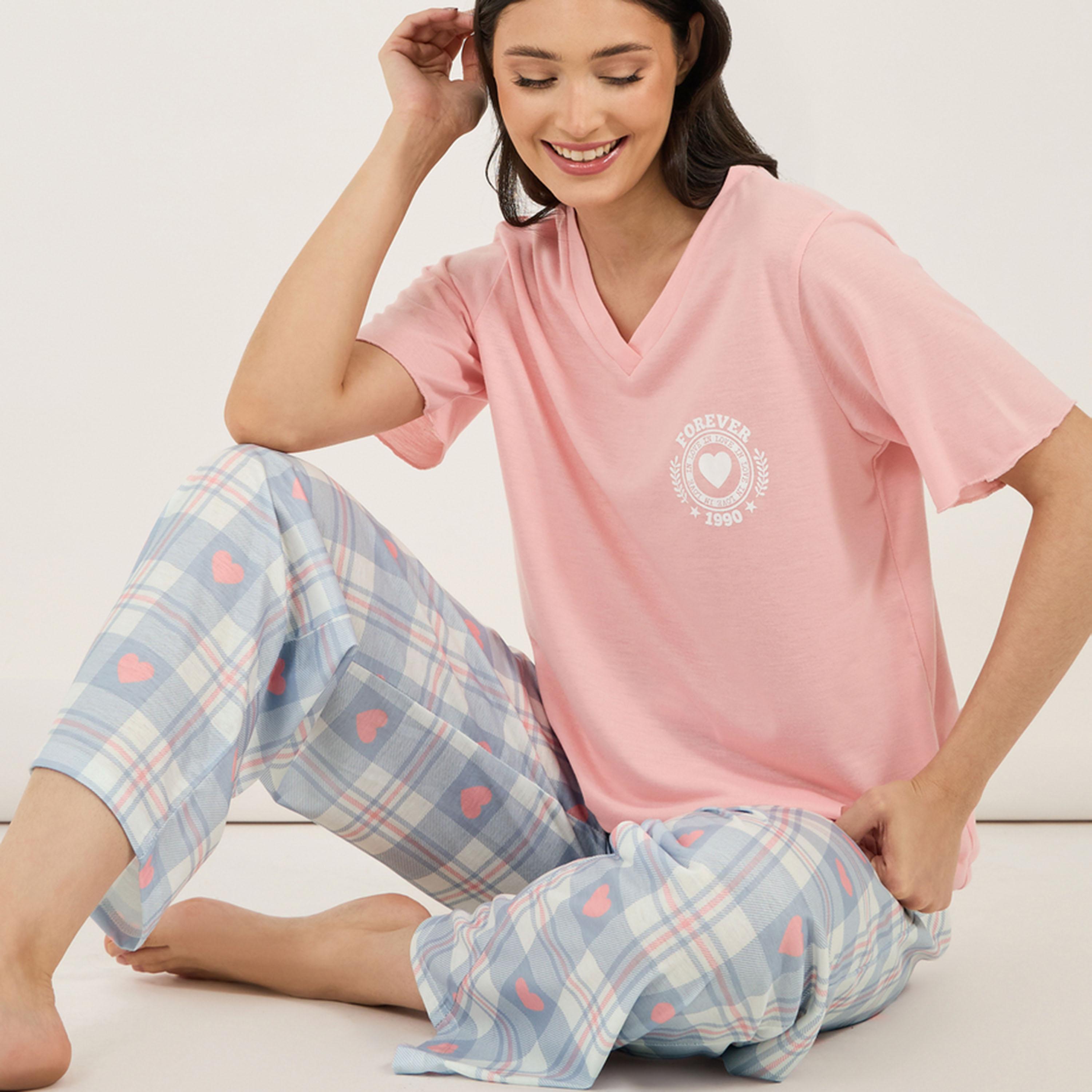 Styli Unwind Graphic Print V Neck T-Shirt & Checked Pyjama Set-women-clothing-nightwear-pyjamas-longsets-image-1