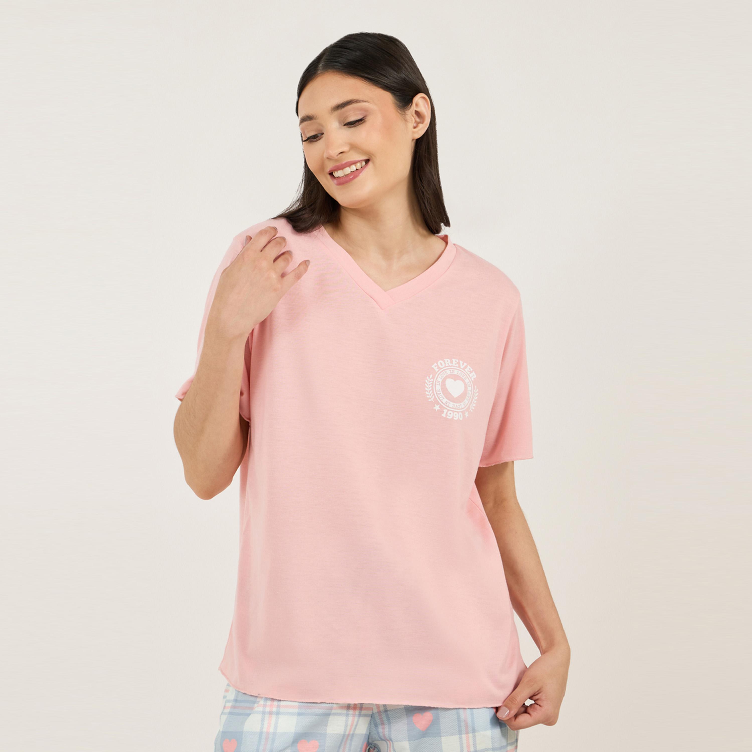 Styli Unwind Graphic Print V Neck T-Shirt & Checked Pyjama Set-women-clothing-nightwear-pyjamas-longsets-image-3