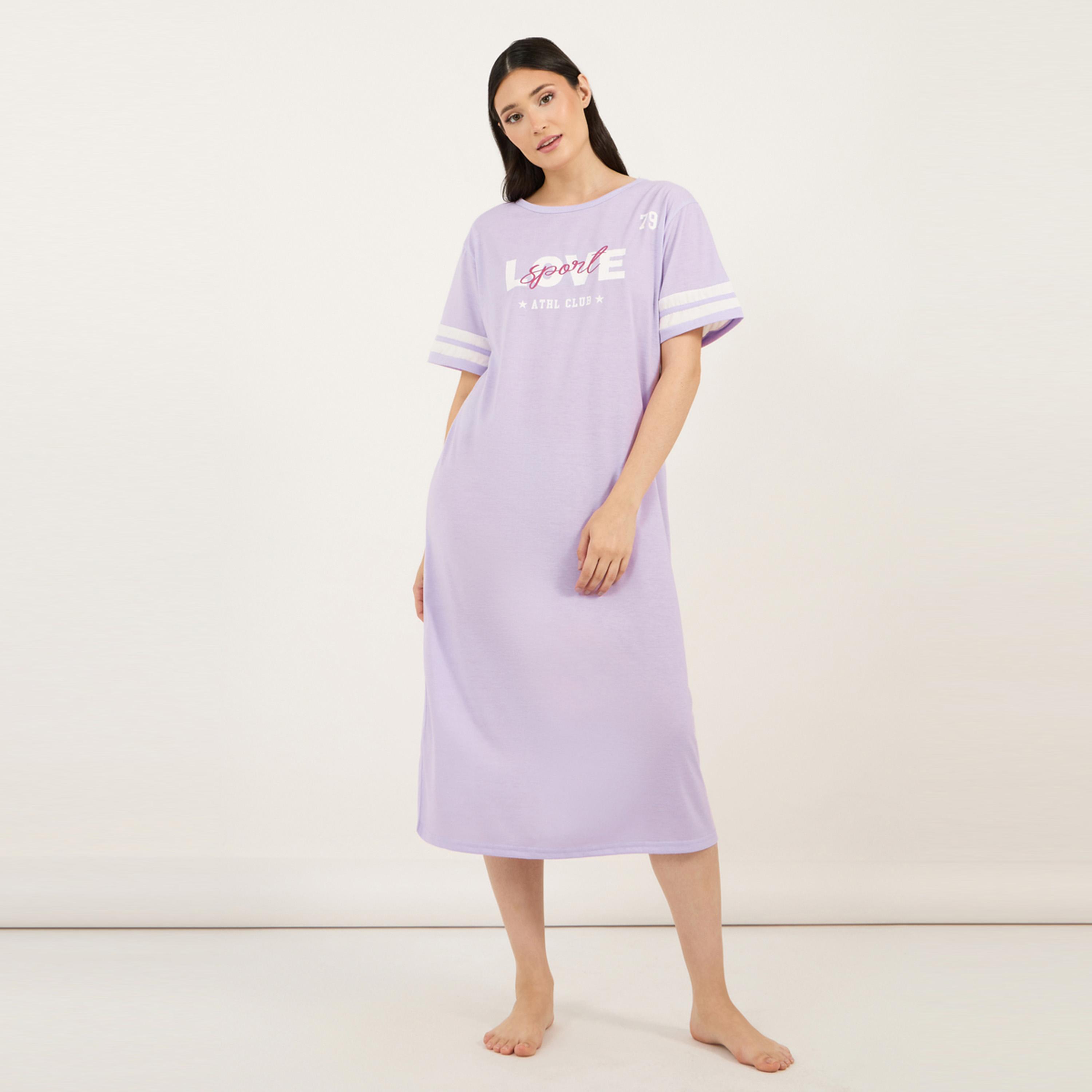 Styli Unwind Graphic Print Stripe Sleeves Round Neck Sleep T-Shirt Dress-women-clothing-nightwear-nighties-image-1