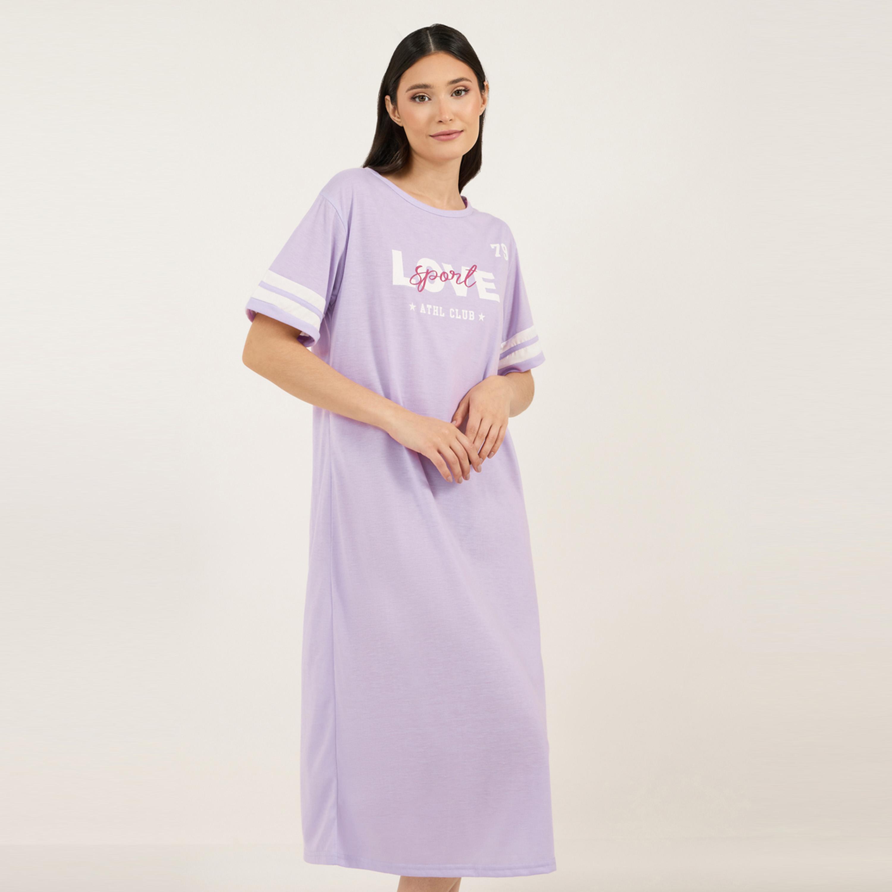 Styli Unwind Graphic Print Stripe Sleeves Round Neck Sleep T-Shirt Dress-women-clothing-nightwear-nighties-image-2