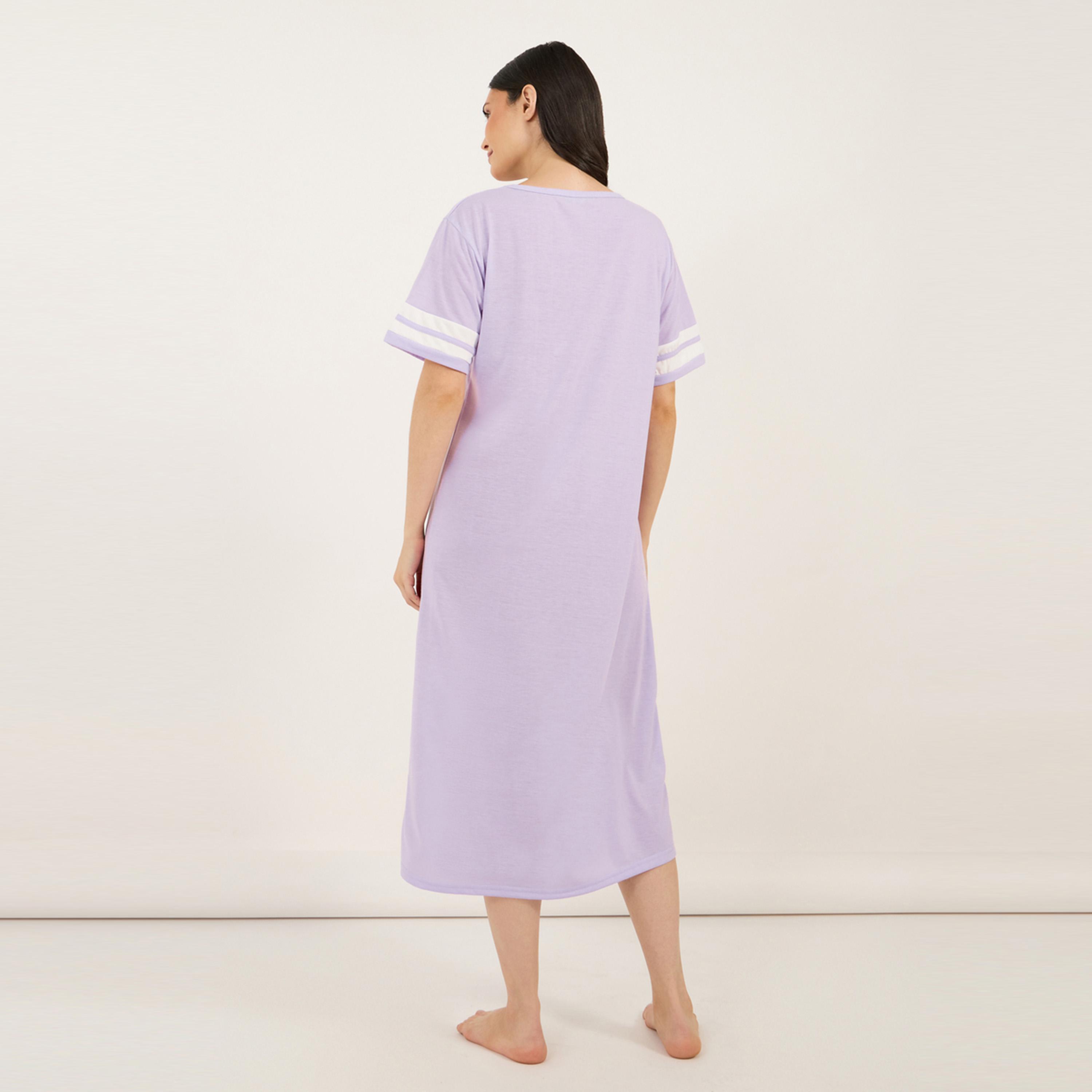 Styli Unwind Graphic Print Stripe Sleeves Round Neck Sleep T-Shirt Dress-women-clothing-nightwear-nighties-image-4