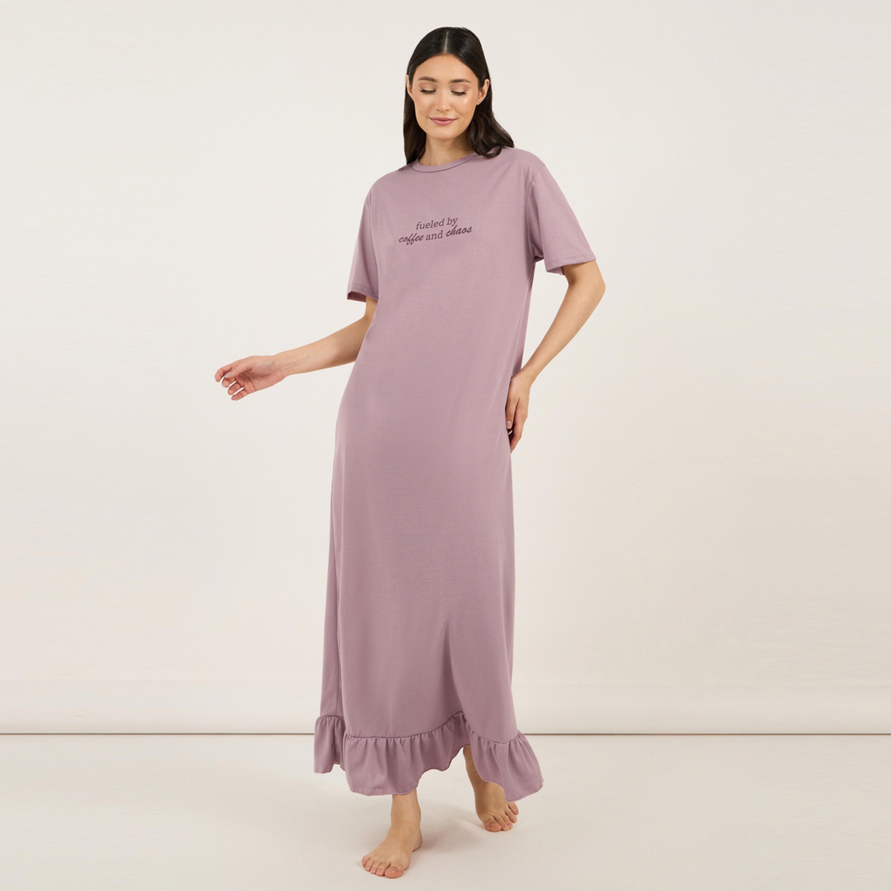 Styli Unwind Slogan Print Ruffle Hem Sleep T-Shirt Dress-women-clothing-nightwear-nighties-image-1