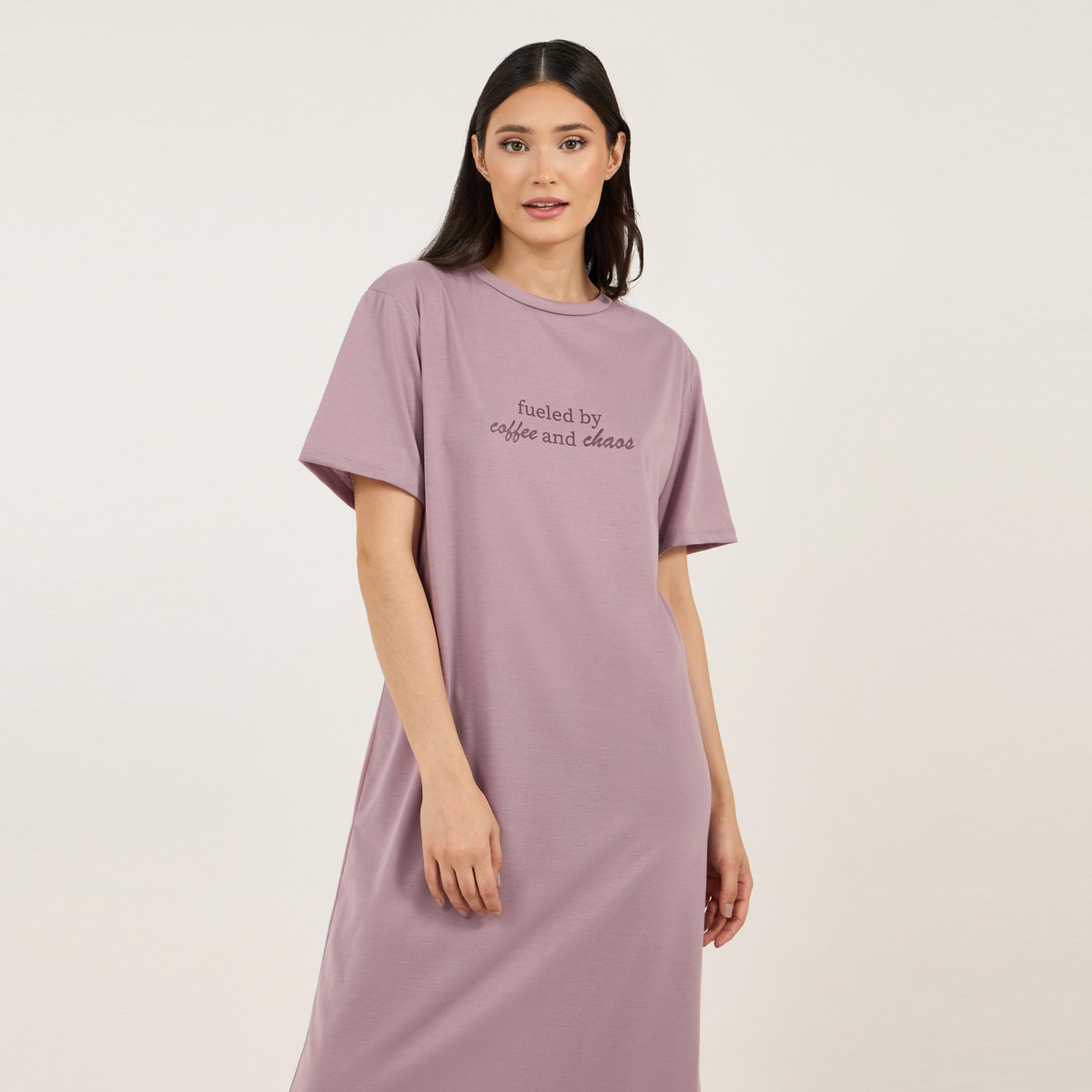Styli Unwind Slogan Print Ruffle Hem Sleep T-Shirt Dress-women-clothing-nightwear-nighties-image-2