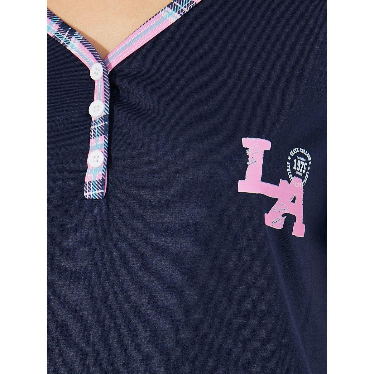 Styli Unwind Contrast Edge Graphic Placket T-Shirt & Checked Pyjama Set-women-clothing-nightwear-pyjamas-longsets-image-4
